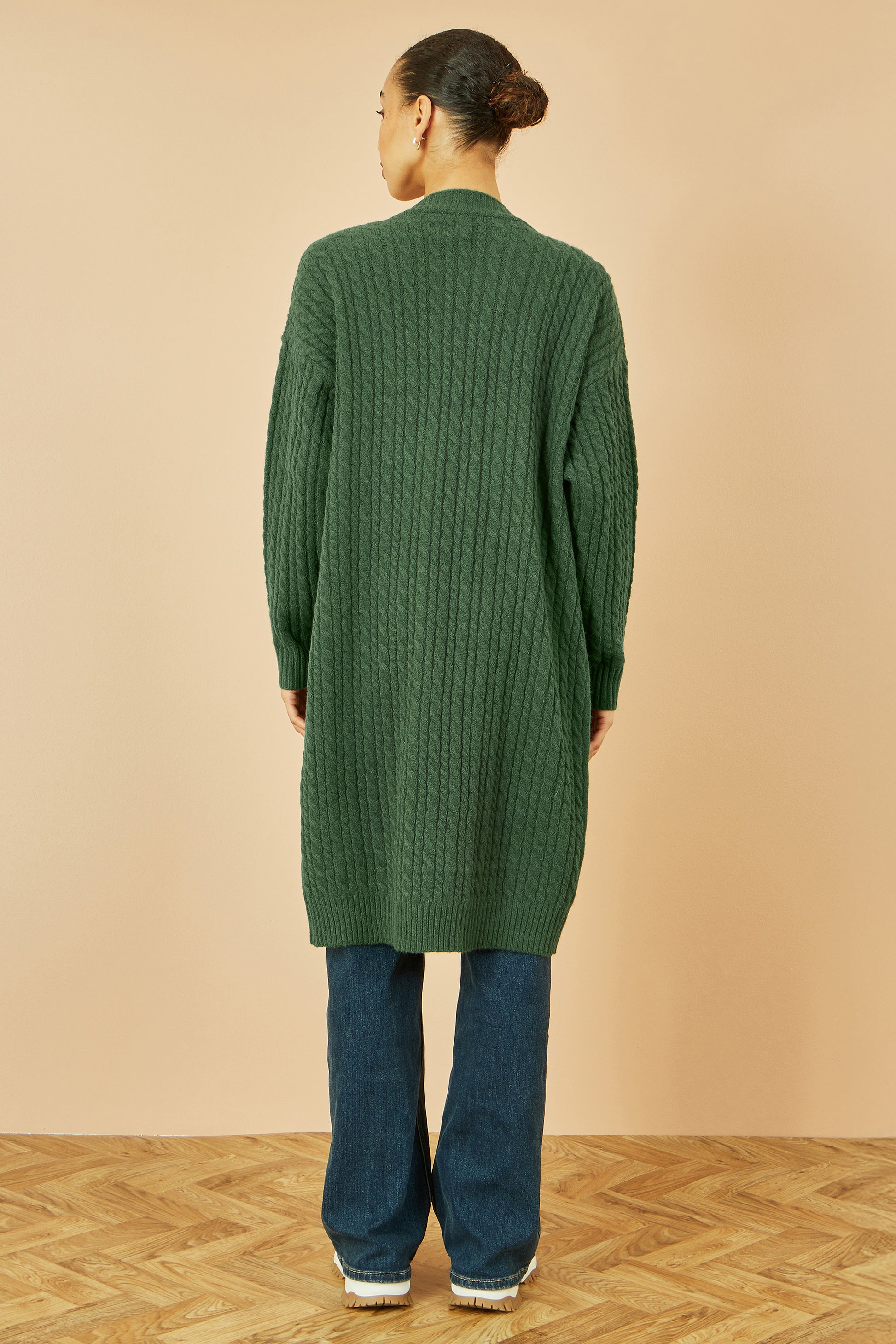 Yumi Green Cable Knit Edge to Edge Long Cardigan With Pockets Knit Cardigan Yumi