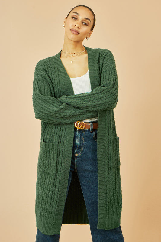 Yumi Green Cable Knit Edge to Edge Long Cardigan With Pockets Knit Cardigan Yumi