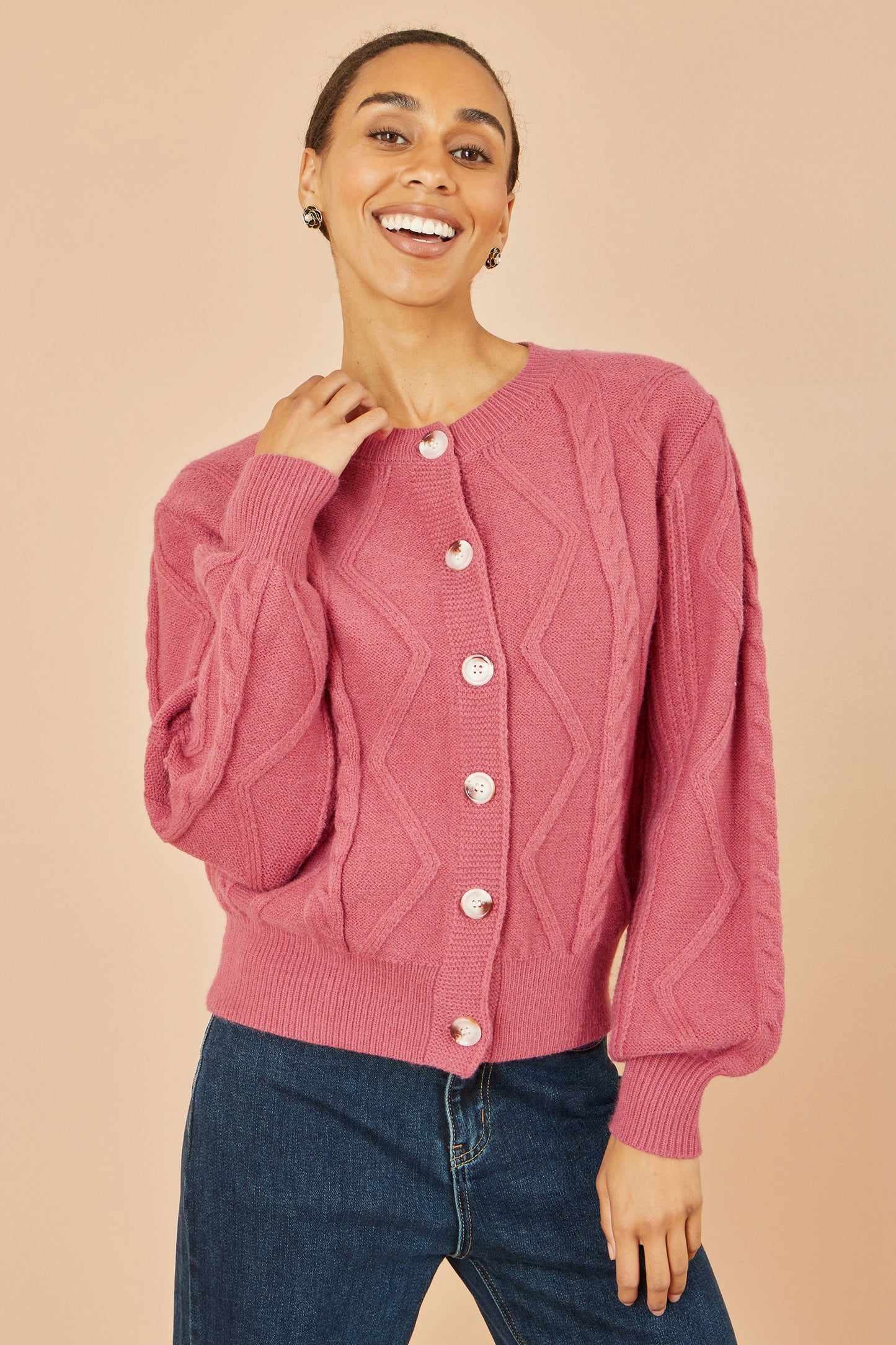 Yumi Pink Relaxed Fit Cable Cardigan Knit Cardigan Yumi