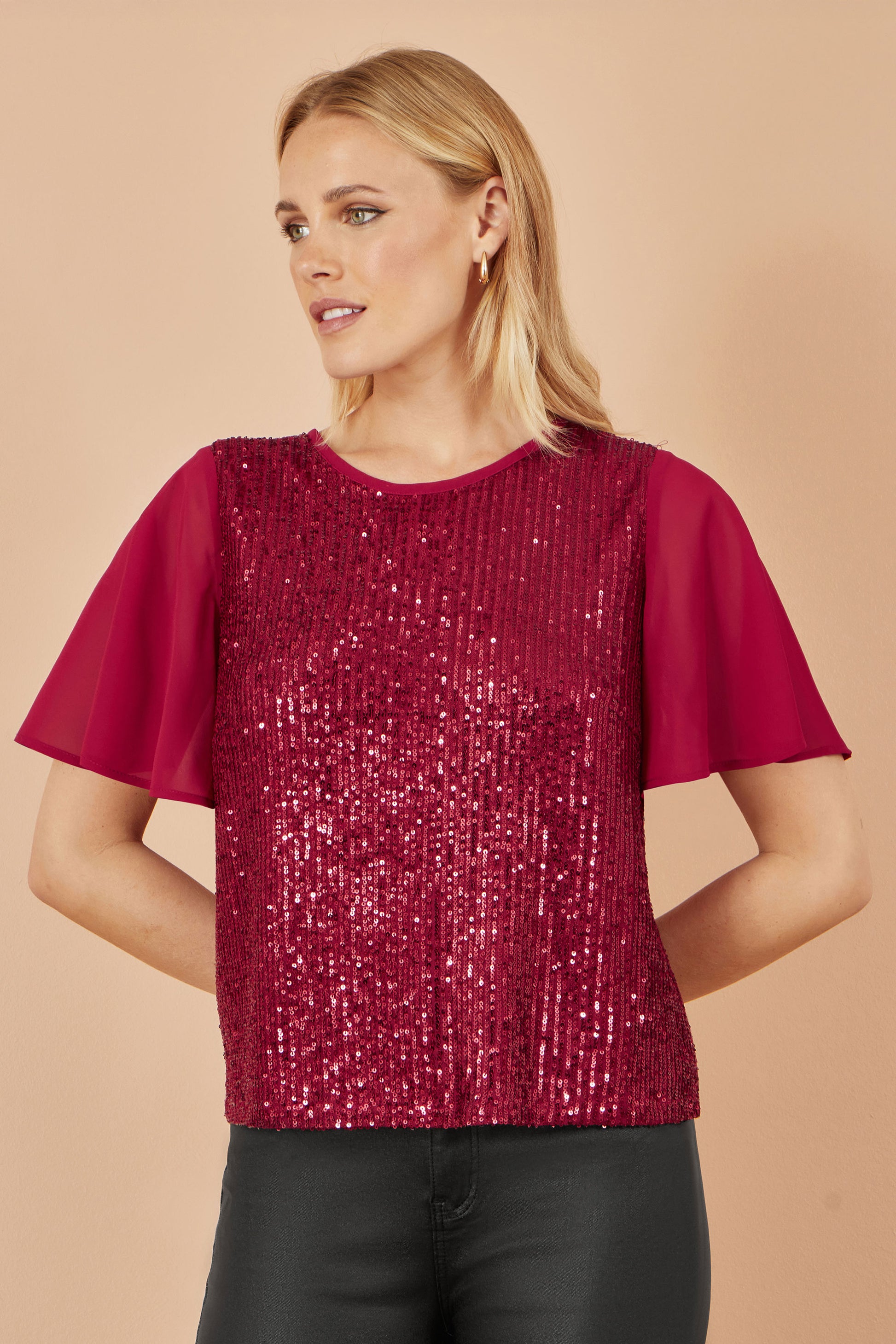 Yumi Burgundy Sequin Top With Sheer Sleeves And Cut Out Back Top Yumi