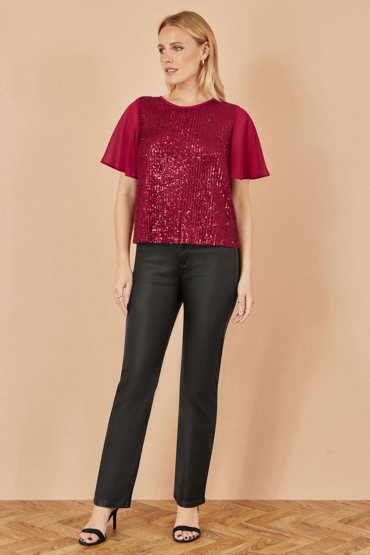 Yumi Burgundy Sequin Top With Sheer Sleeves And Cut Out Back Top Yumi