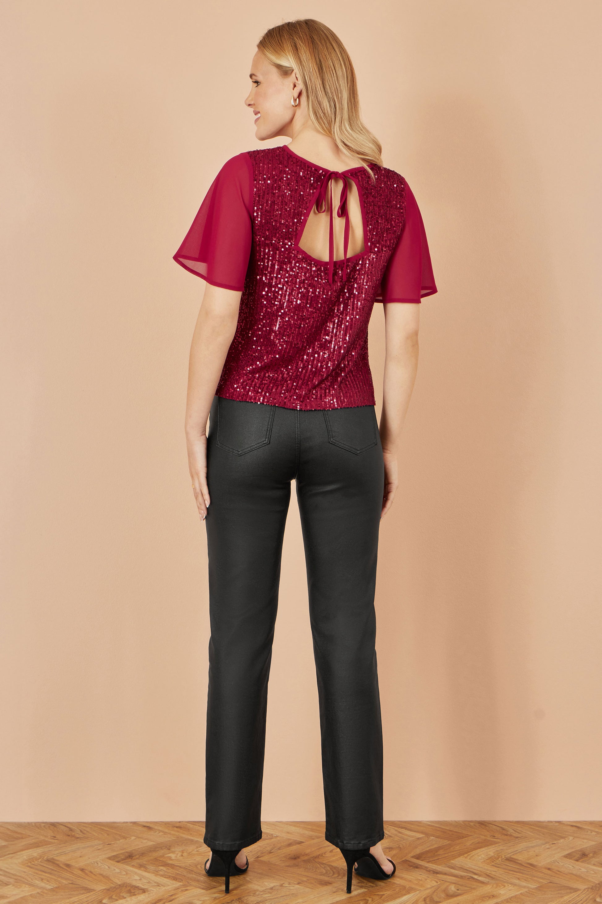 Yumi Burgundy Sequin Top With Sheer Sleeves And Cut Out Back Top Yumi