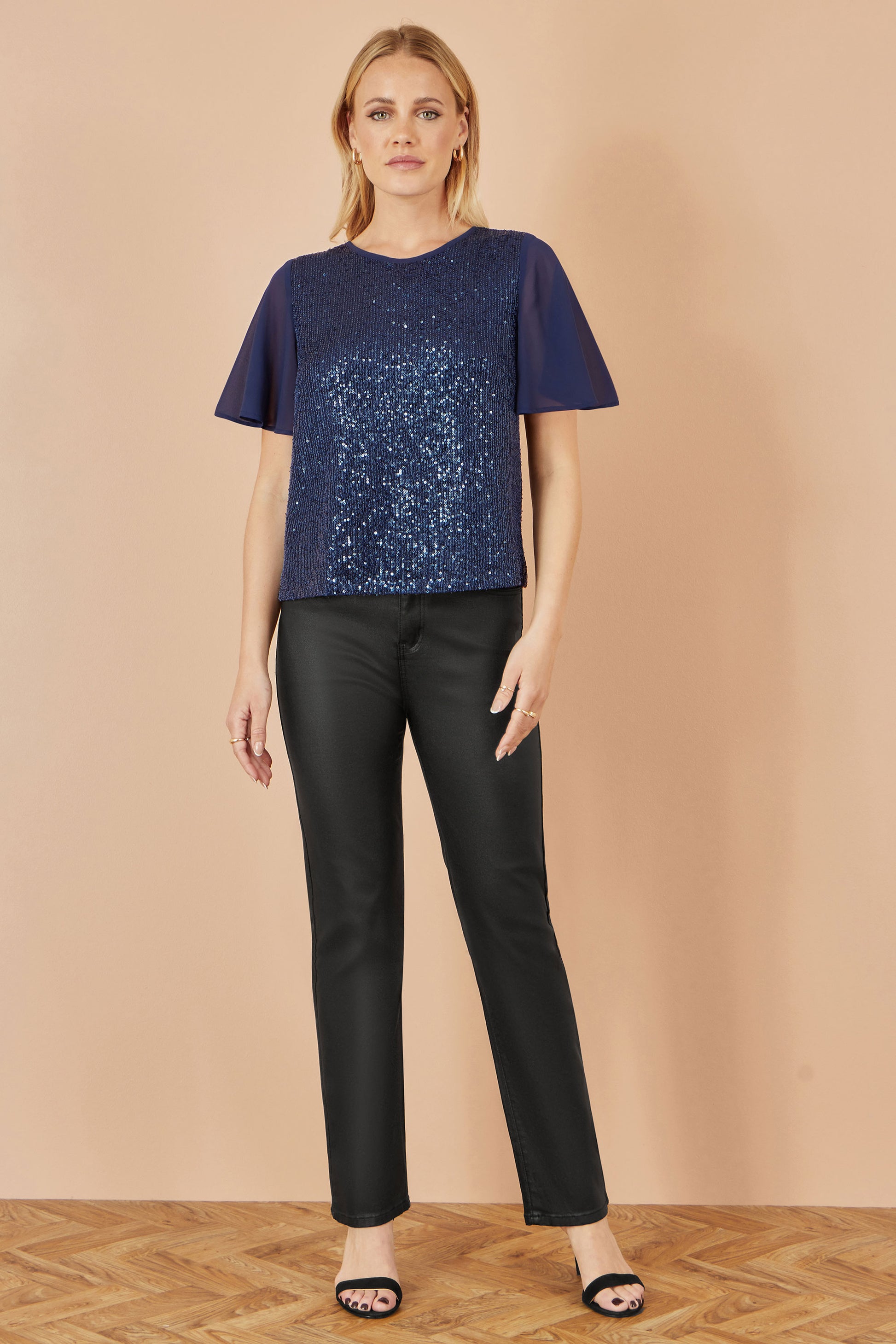 Yumi Navy Sequin Top With Sheer Sleeves And Cut Out Back Top Yumi
