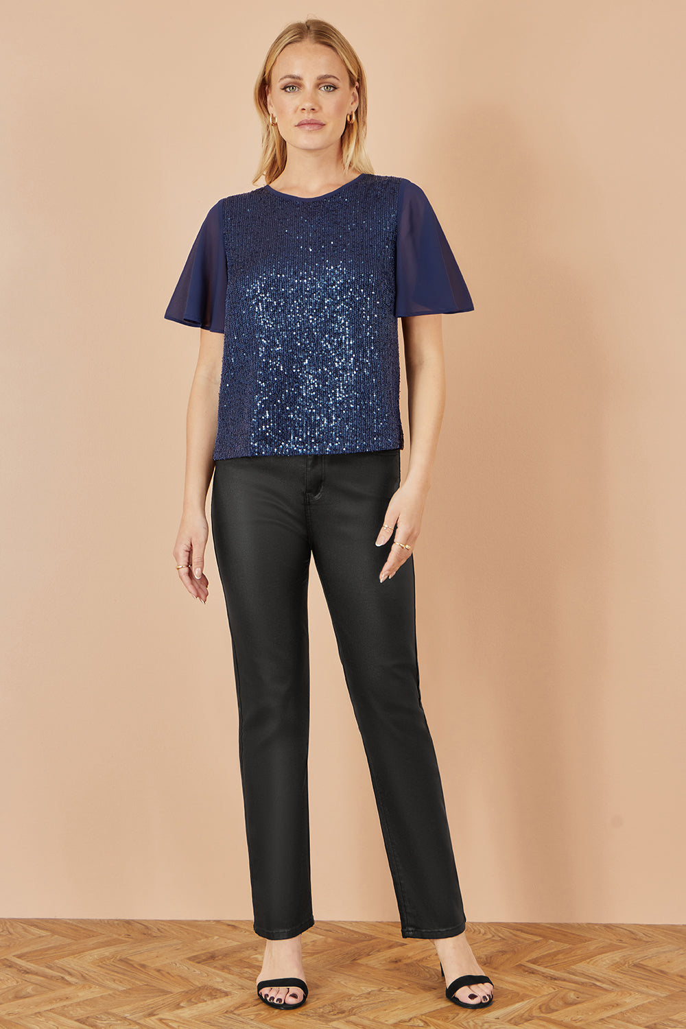 Yumi Navy Sequin Top With Sheer Sleeves And Cut Out Back Top Yumi