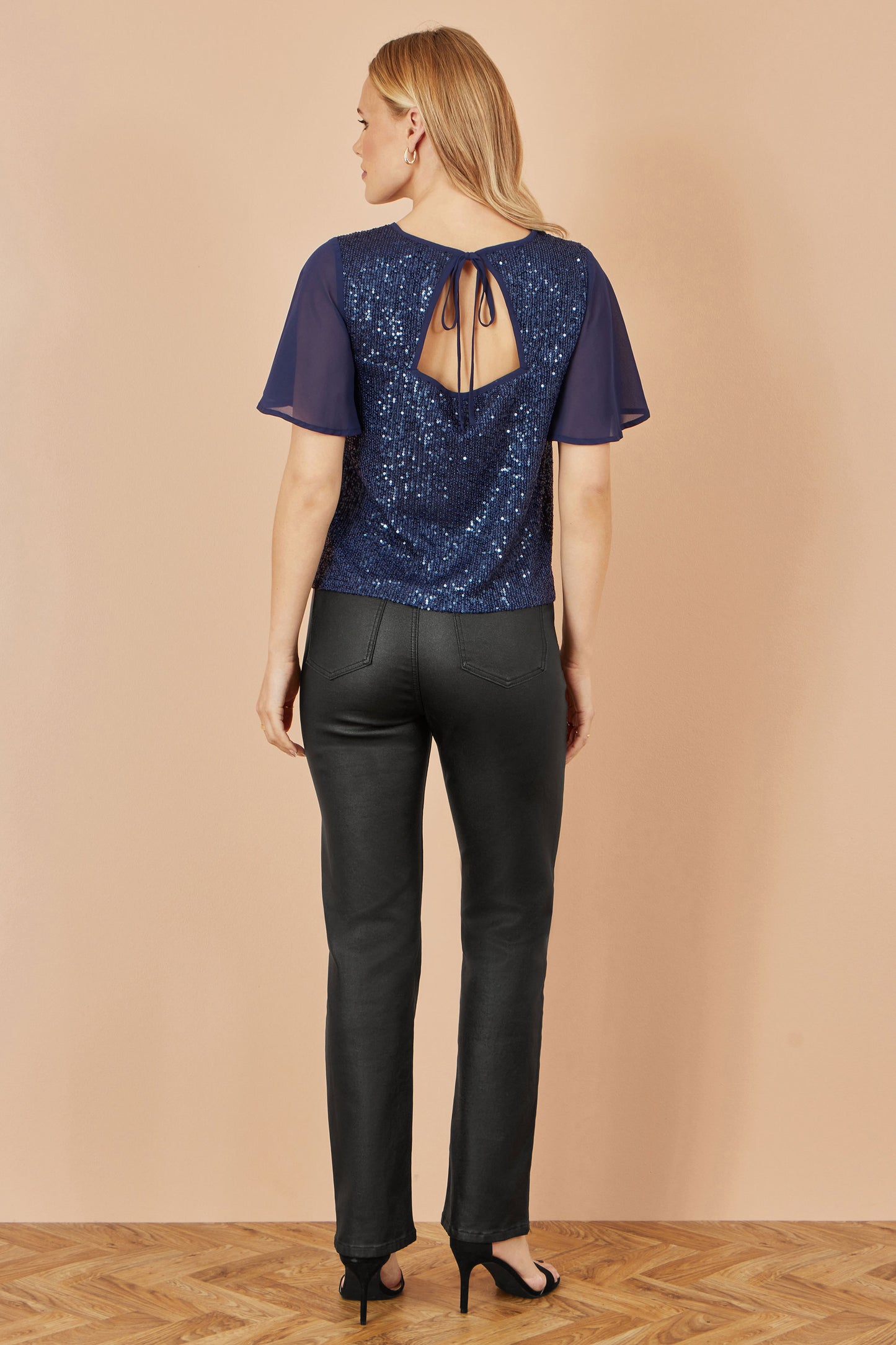 Yumi Navy Sequin Top With Sheer Sleeves And Cut Out Back Top Yumi