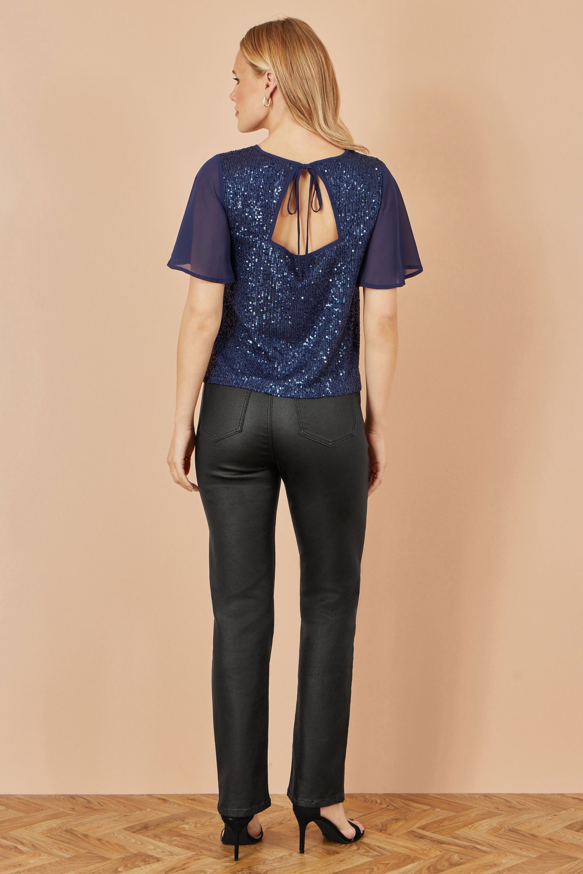 Yumi Navy Sequin Top With Sheer Sleeves And Cut Out Back Top Yumi