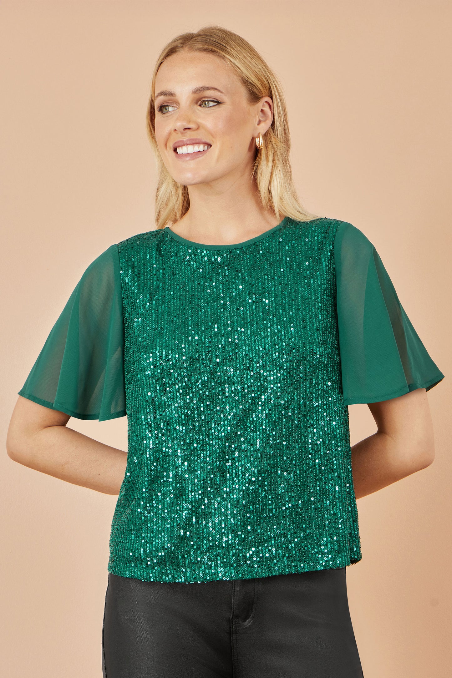 Yumi Green Sequin Top With Sheer Sleeves And Cut Out Back Top Yumi