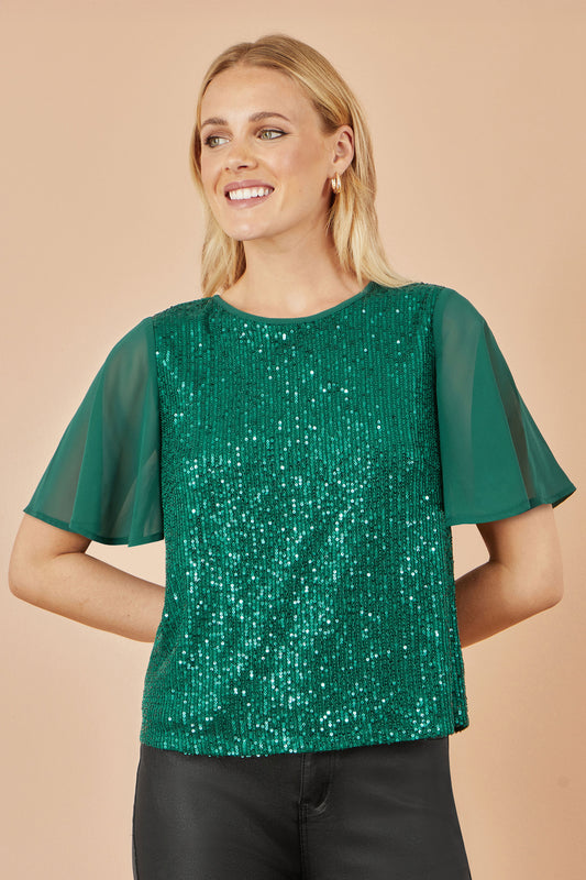 Yumi Green Sequin Top With Sheer Sleeves And Cut Out Back Top Yumi