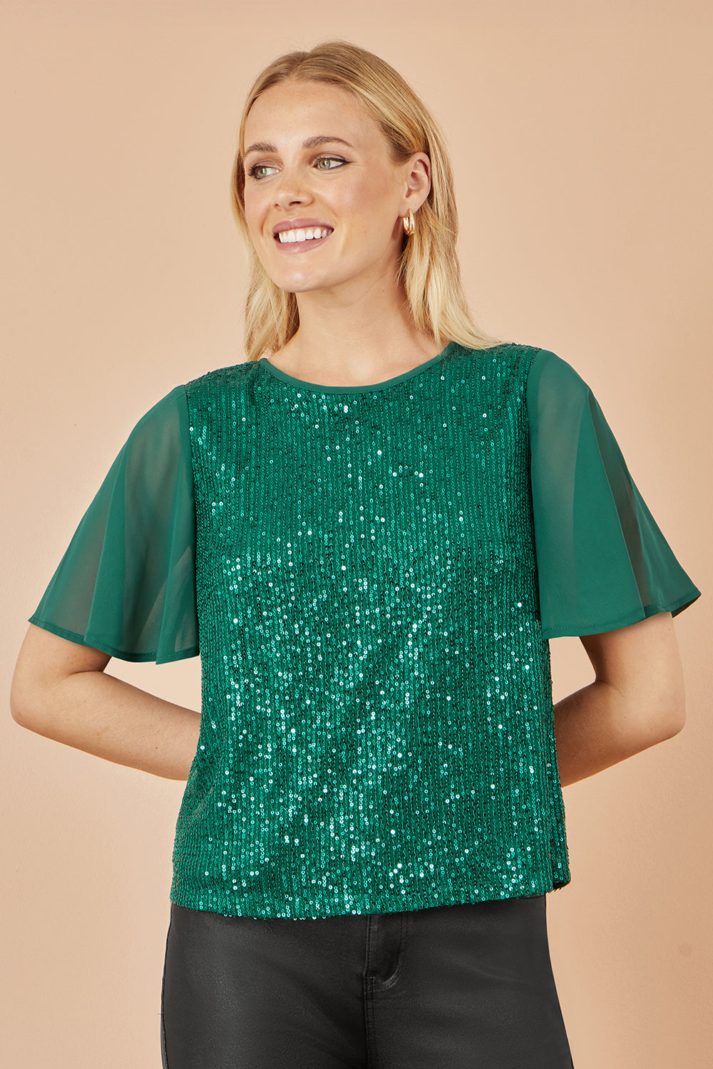 Yumi Green Sequin Top With Sheer Sleeves And Cut Out Back Top Yumi