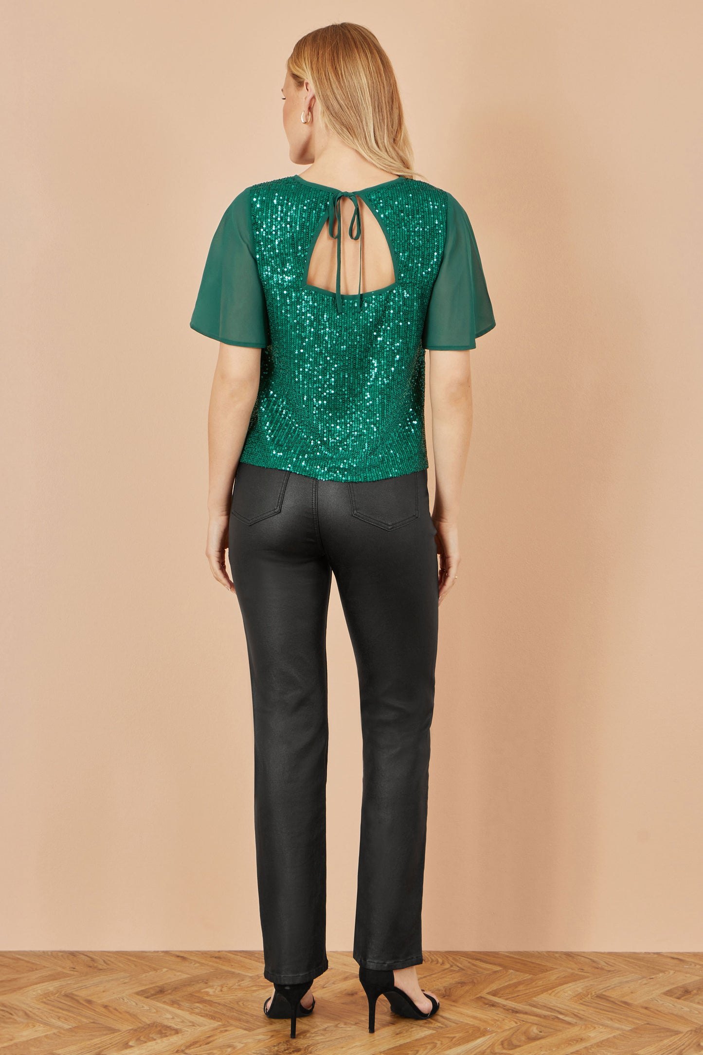 Yumi Green Sequin Top With Sheer Sleeves And Cut Out Back Top Yumi