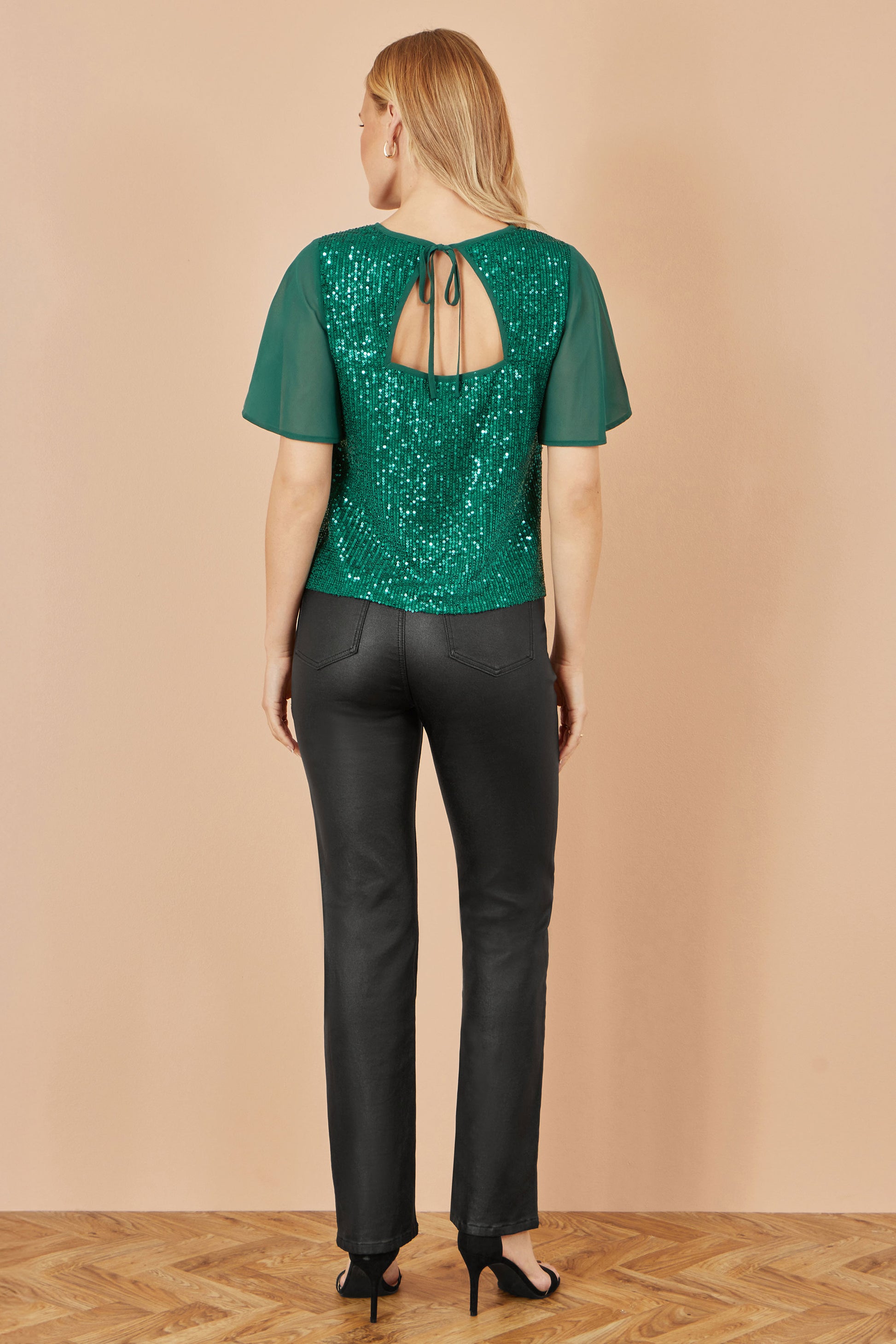 Yumi Green Sequin Top With Sheer Sleeves And Cut Out Back Top Yumi