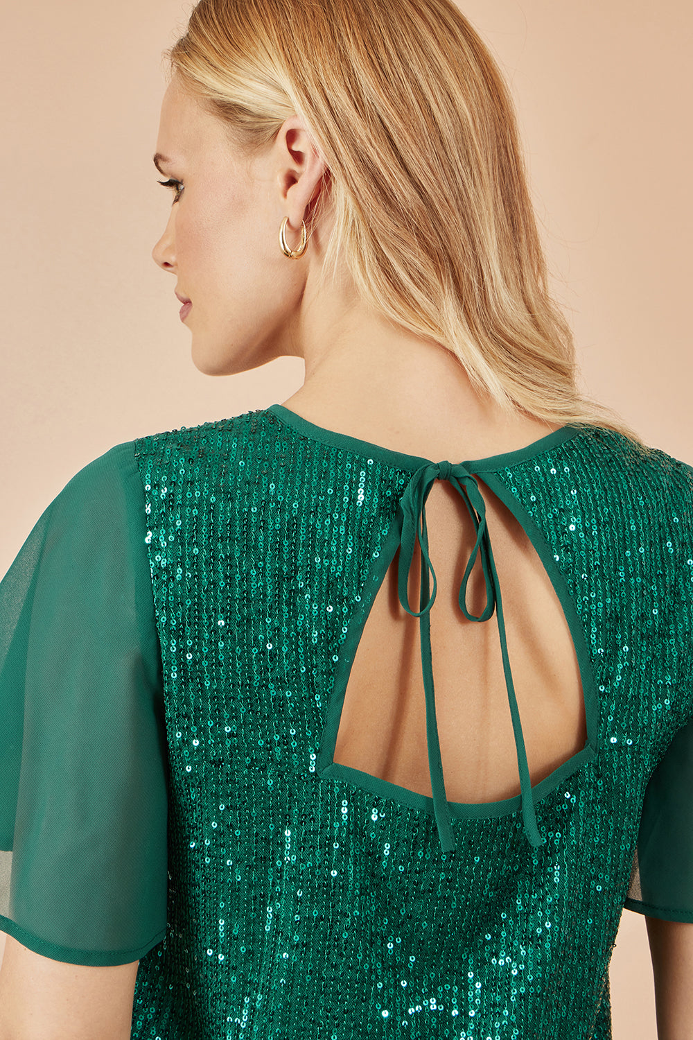 Yumi Green Sequin Top With Sheer Sleeves And Cut Out Back Top Yumi