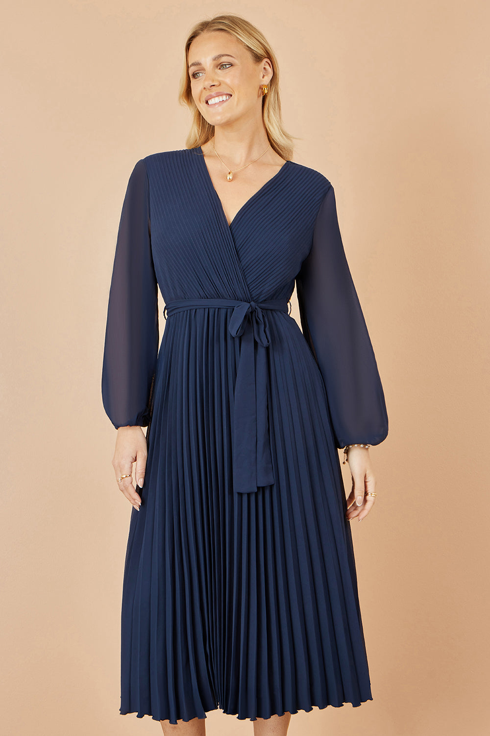 navy long sleeve dress uk Yumi Navy Pleated Wrap Midi Dress With Sheer Long Sleeves