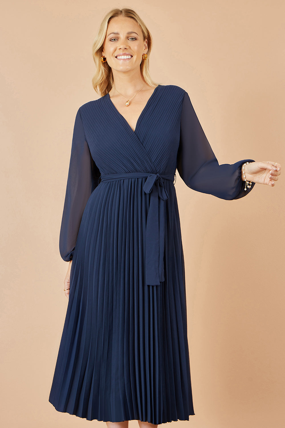 Yumi Navy Pleated Wrap Midi Dress With Sheer Long Sleeves Yumi Navy Pleated Wrap Midi Dress With Sheer Long Sleeves