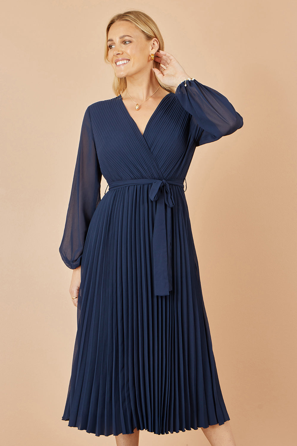 Yumi Navy Pleated Wrap Midi Dress With Sheer Long Sleeves Dress Occasion Yumi