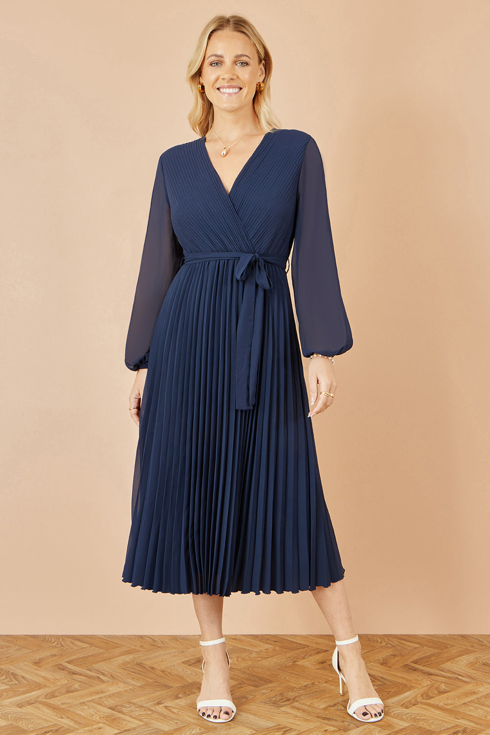 navy midi dress uk Yumi Navy Pleated Wrap Midi Dress With Sheer Long Sleeves