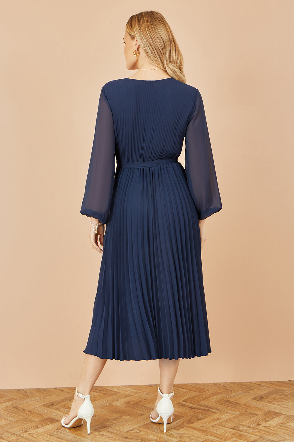 Yumi Navy Pleated Wrap Midi Dress With Sheer Long Sleeves Dress Occasion Yumi