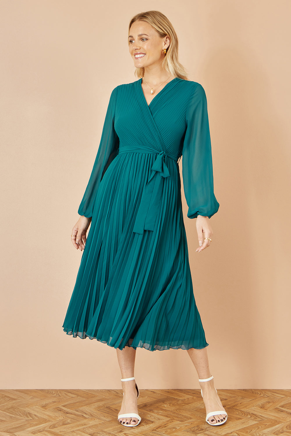Yumi Teal Pleated Wrap Midi Dress With Sheer Long Sleeves Yumi Teal Pleated Wrap Midi Dress With Sheer Long Sleeves