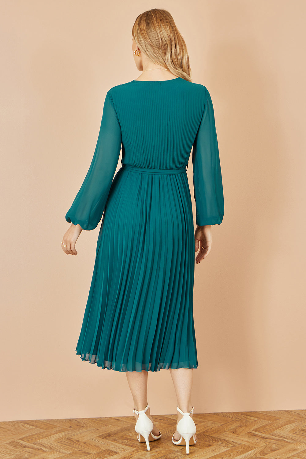 open lace back dress Yumi Teal Pleated Wrap Midi Dress With Sheer Long Sleeves