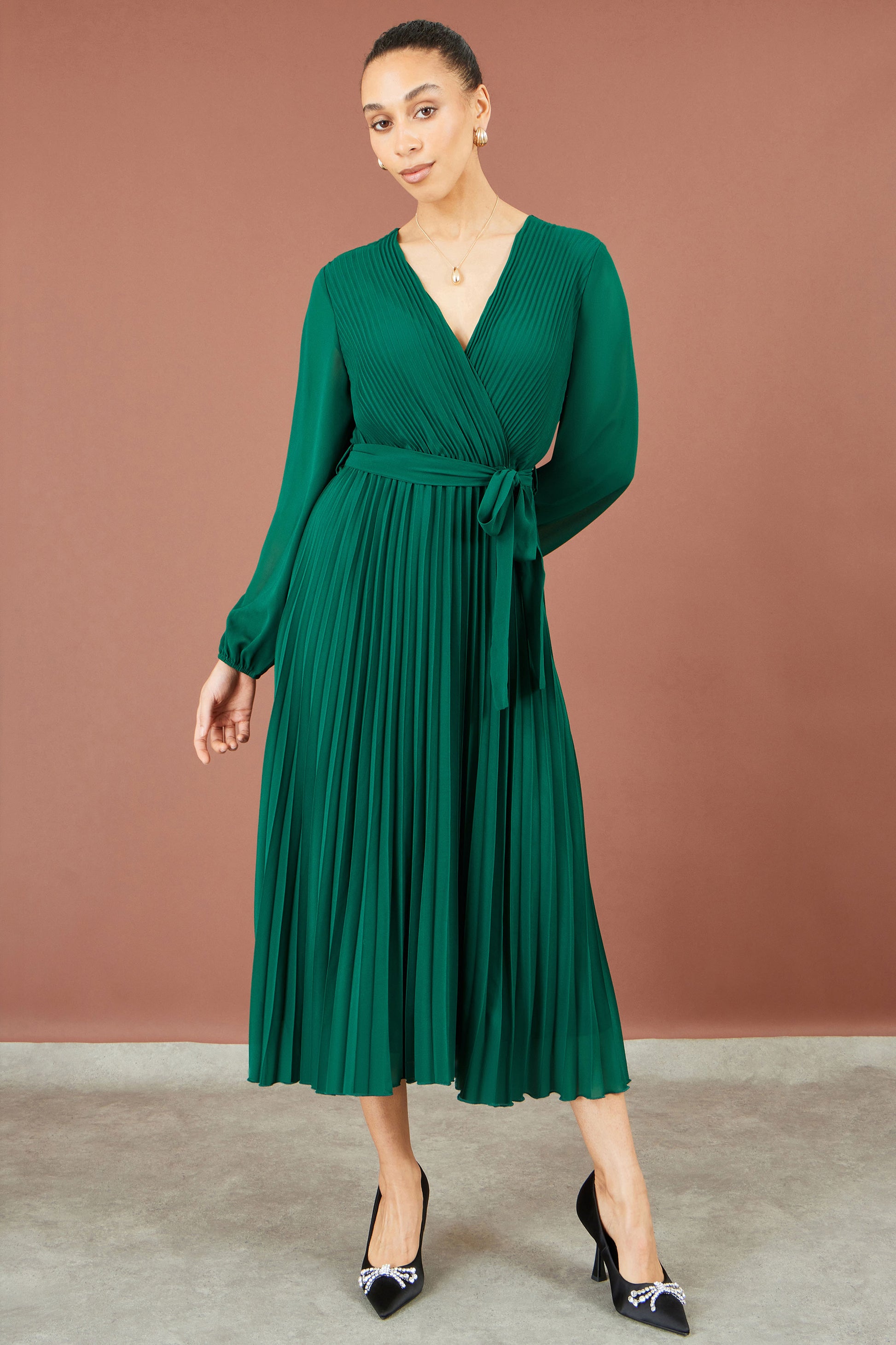 Yumi Green Pleated Wrap Midi Dress Dress Occasion Yumi