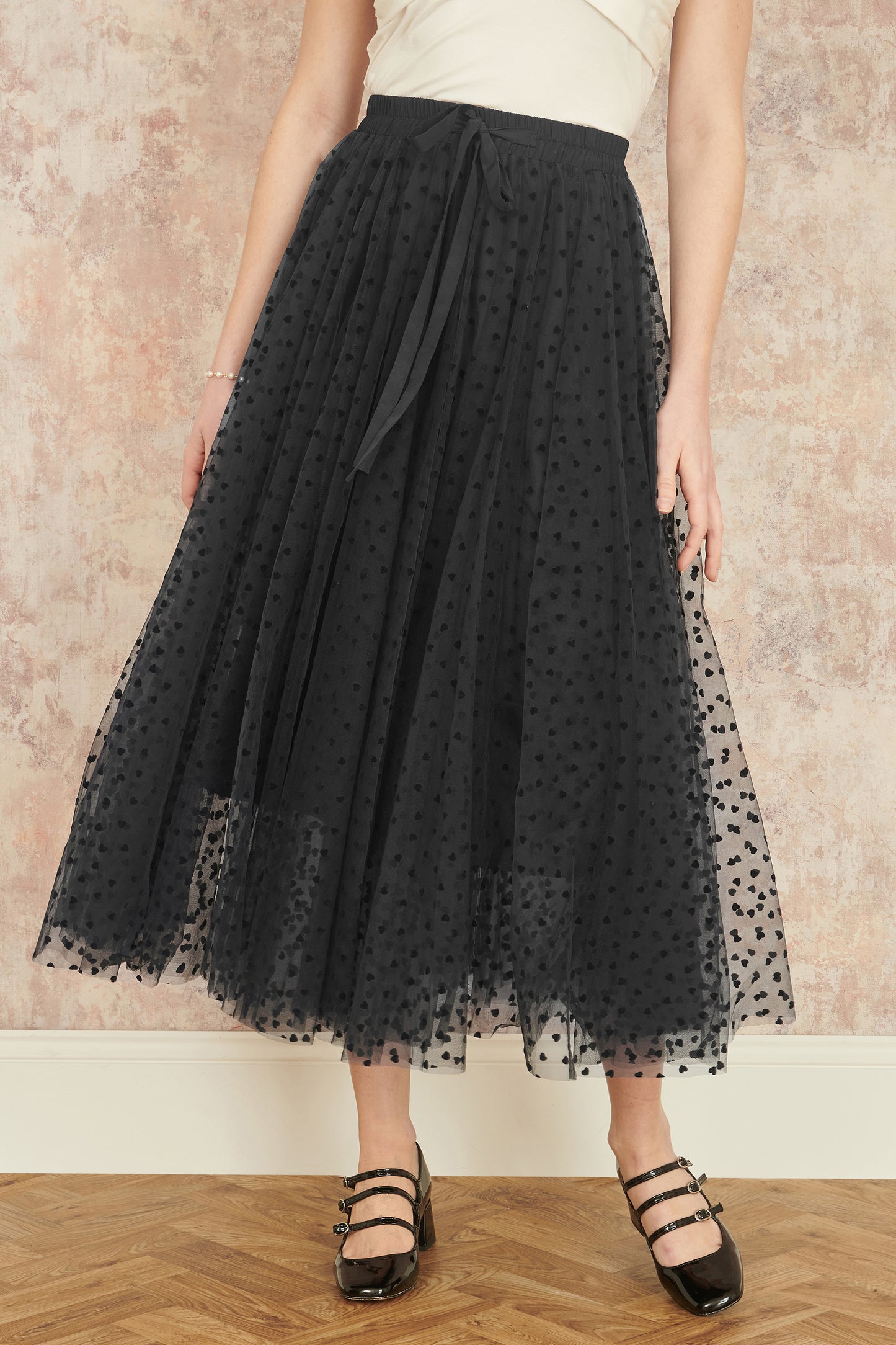 Yumi Black Mesh Heart Print Tulle Skirt Yumi