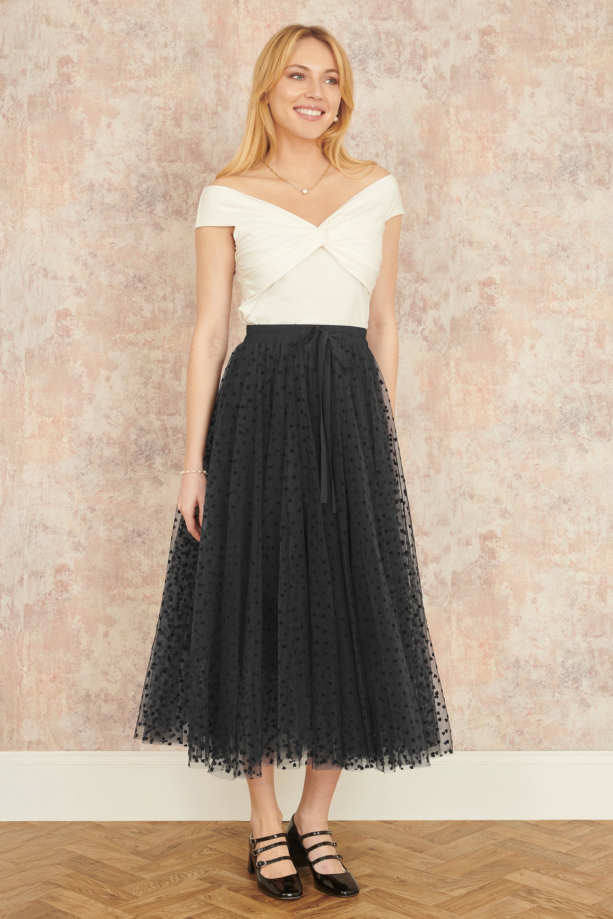 Womens Yumi Mesh Heart Print Tulle Skirt