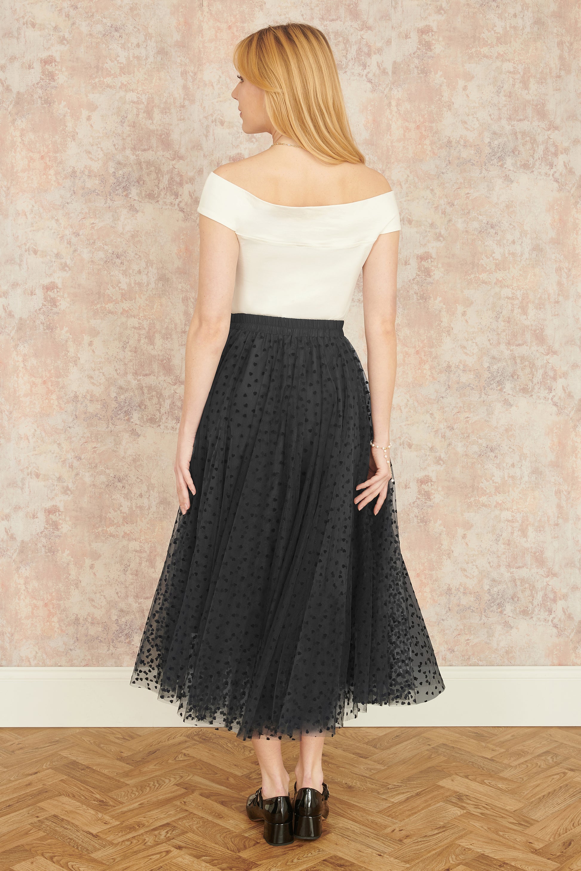 Yumi Black Mesh Heart Print Tulle Skirt Yumi