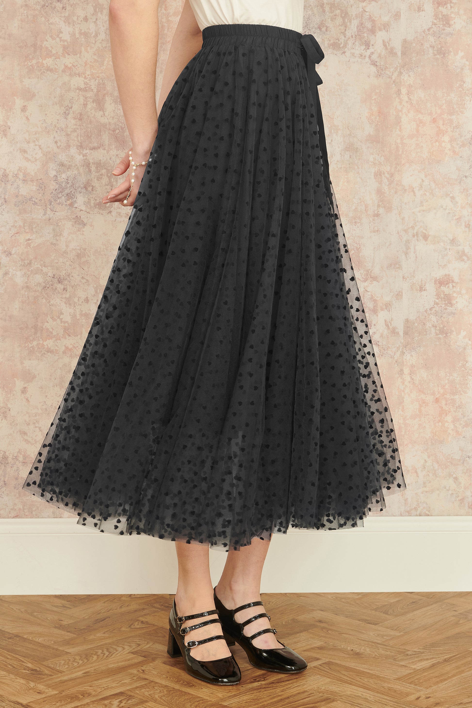Yumi Black Mesh Heart Print Tulle Skirt Yumi