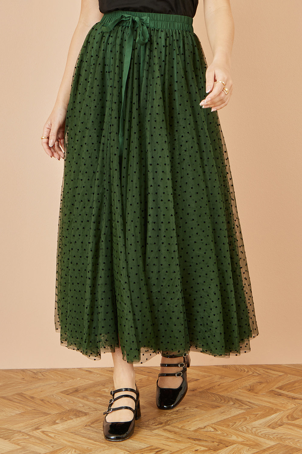 Yumi Green Mesh Heart Print Tulle Skirt Skirts Yumi