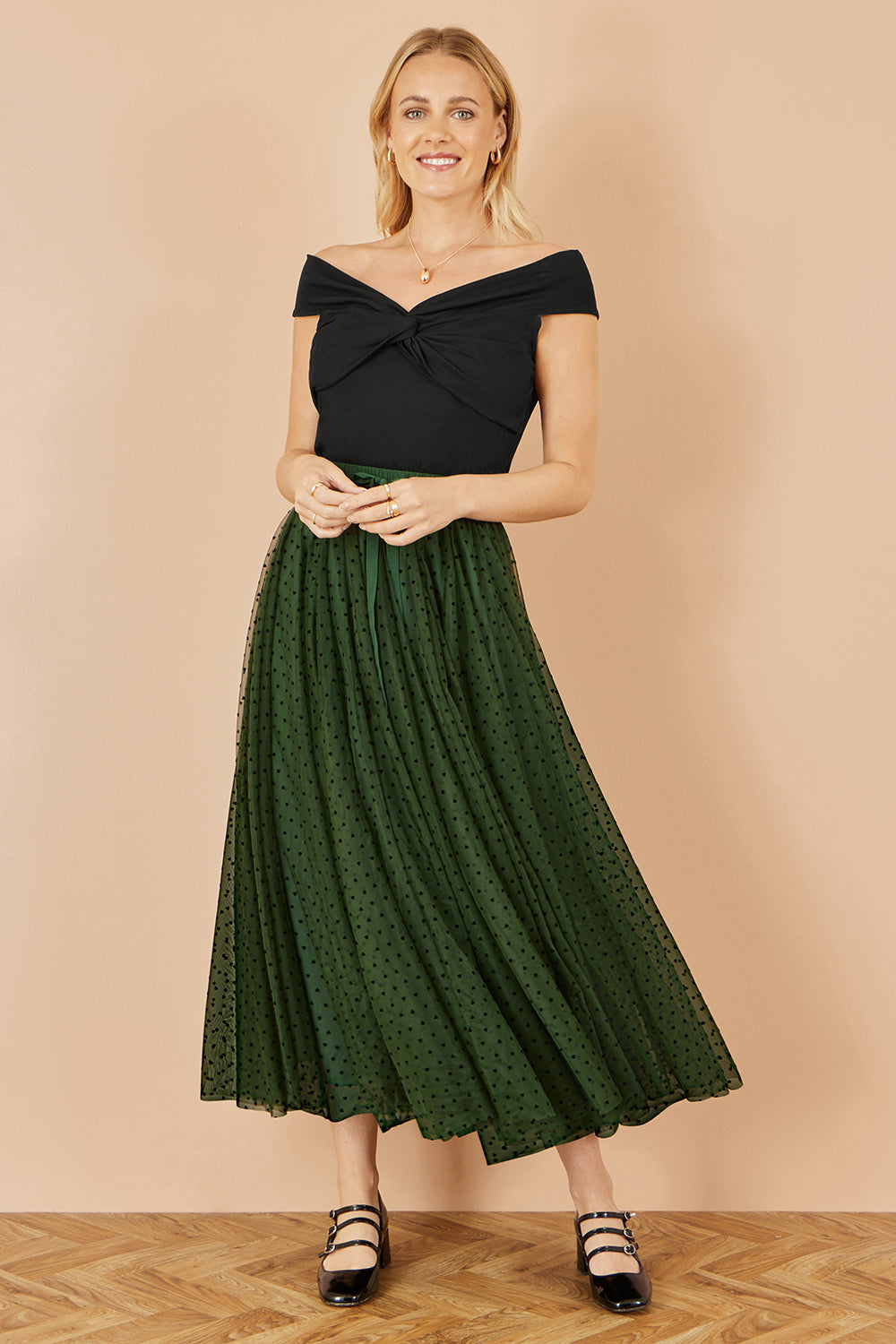 Yumi Green Mesh Heart Print Tulle Skirt Skirts Yumi