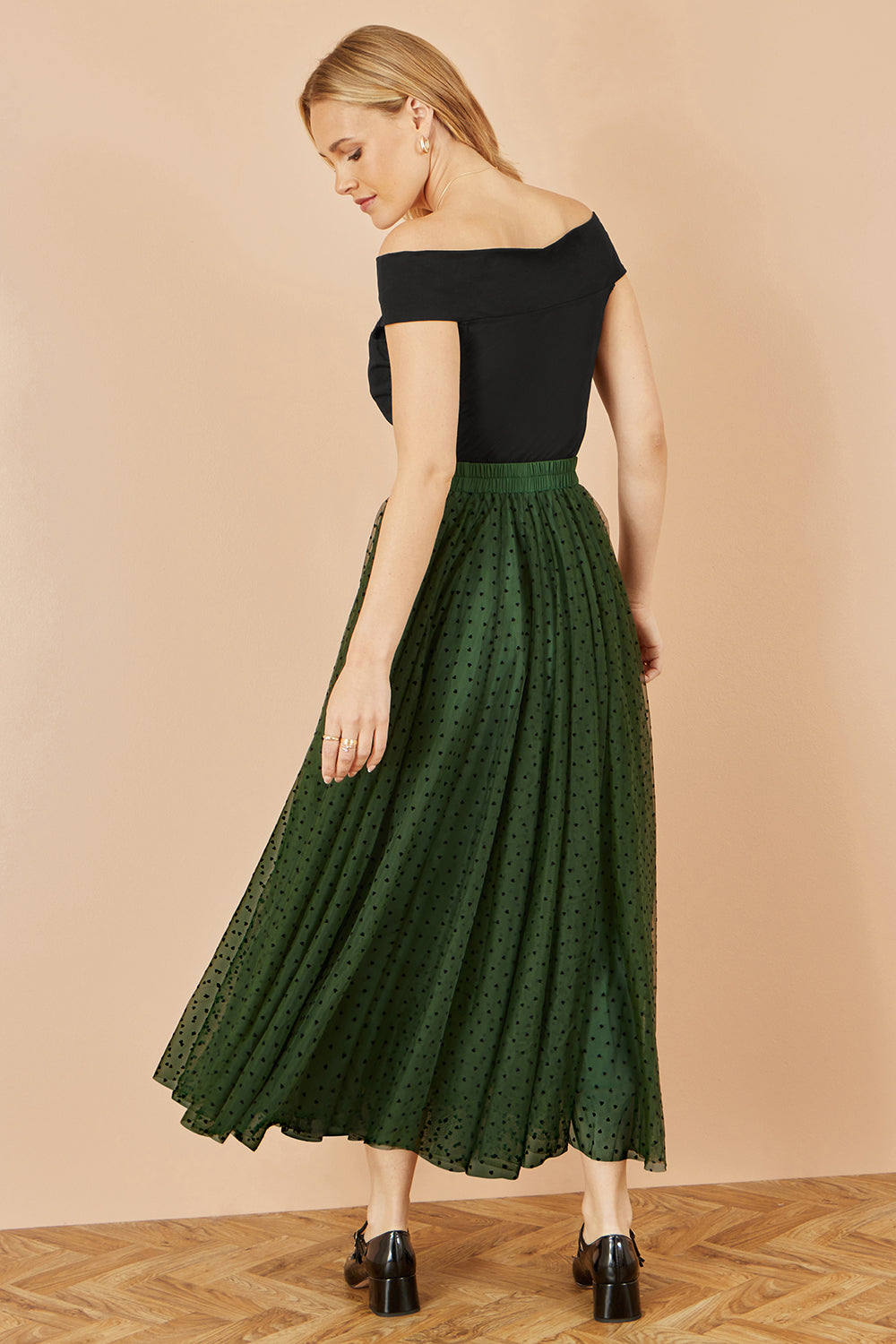 Yumi Green Mesh Heart Print Tulle Skirt Skirts Yumi