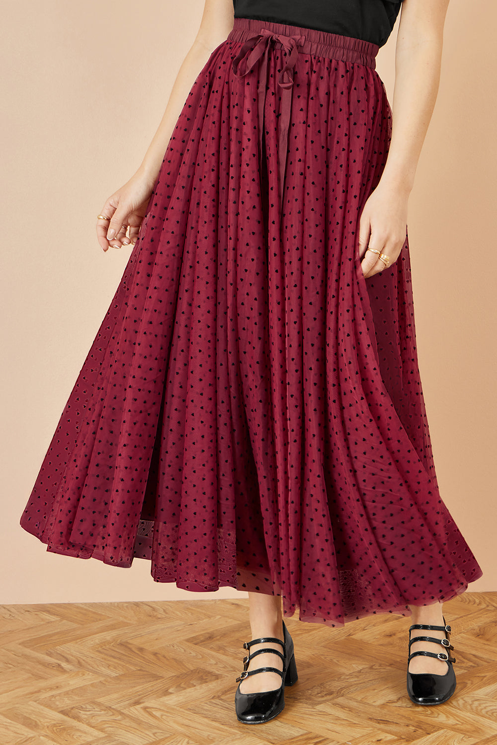 Yumi Burgundy Mesh Heart Print Tulle Skirt Skirts Yumi
