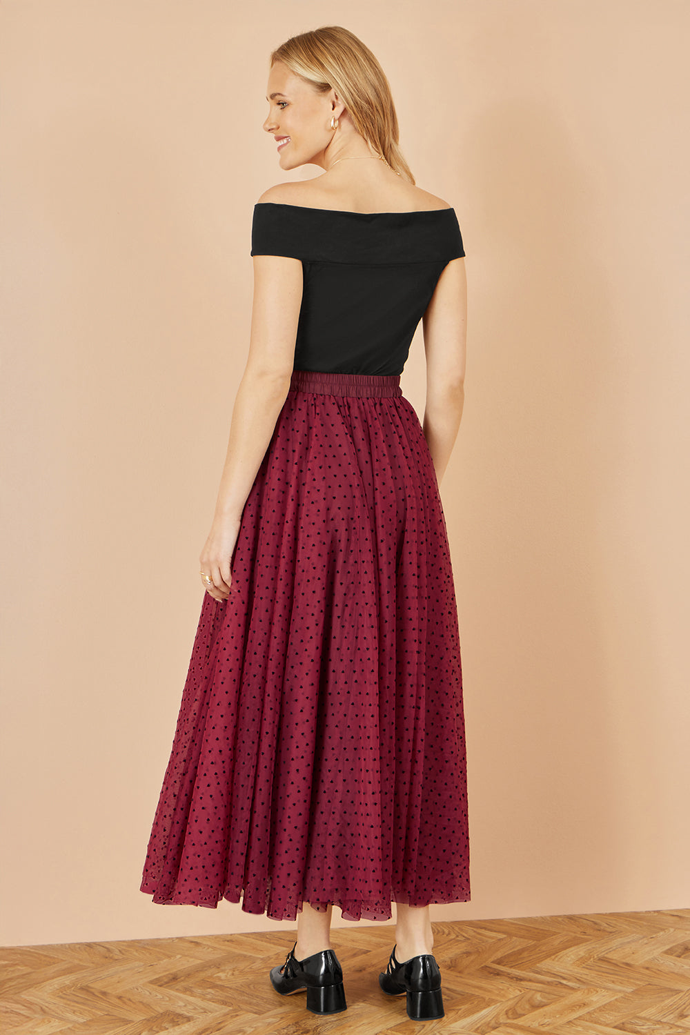 Yumi Burgundy Mesh Heart Print Tulle Skirt Skirts Yumi