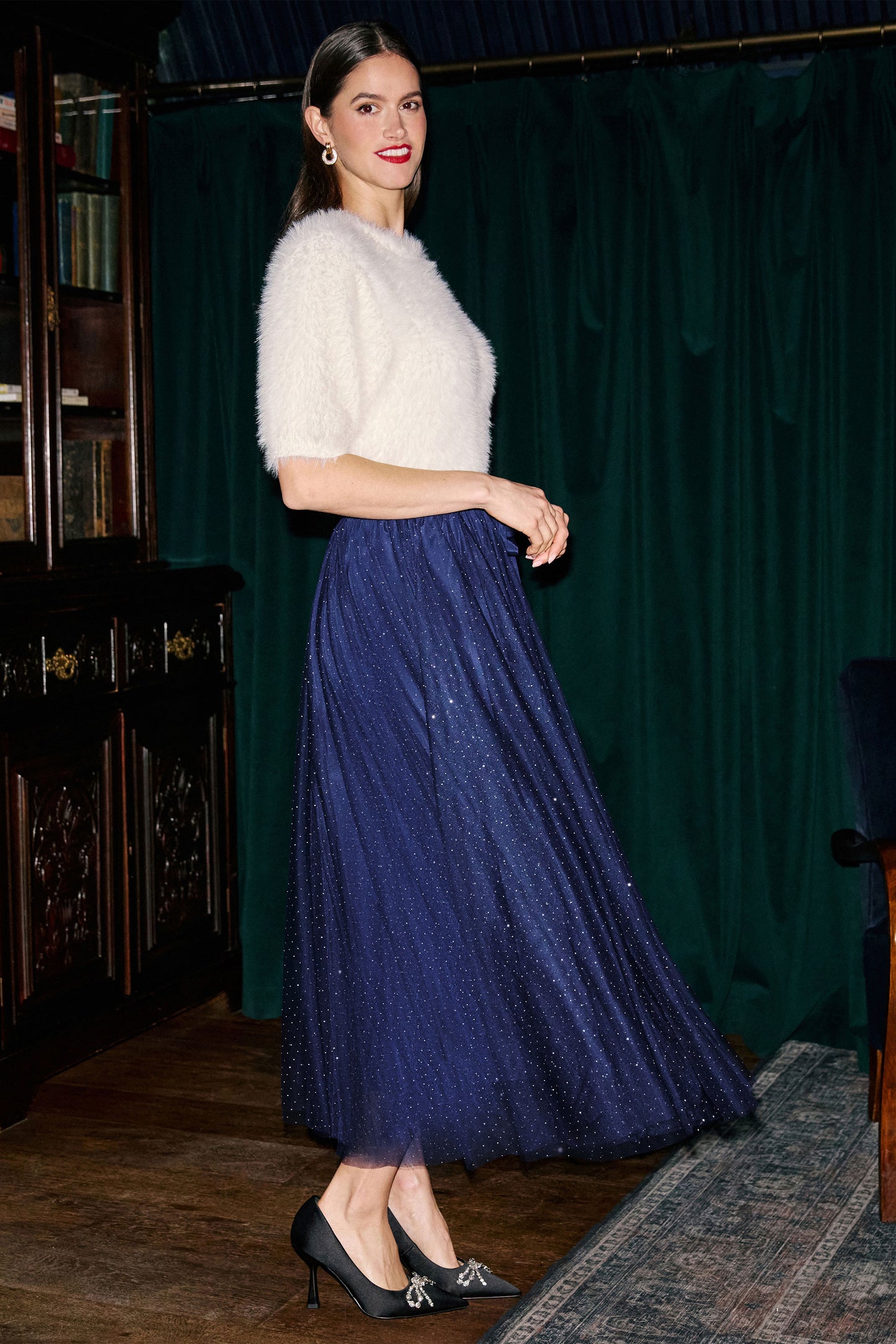 Yumi Navy Diamonte Tulle Midi Skirt SKIRT Yumi