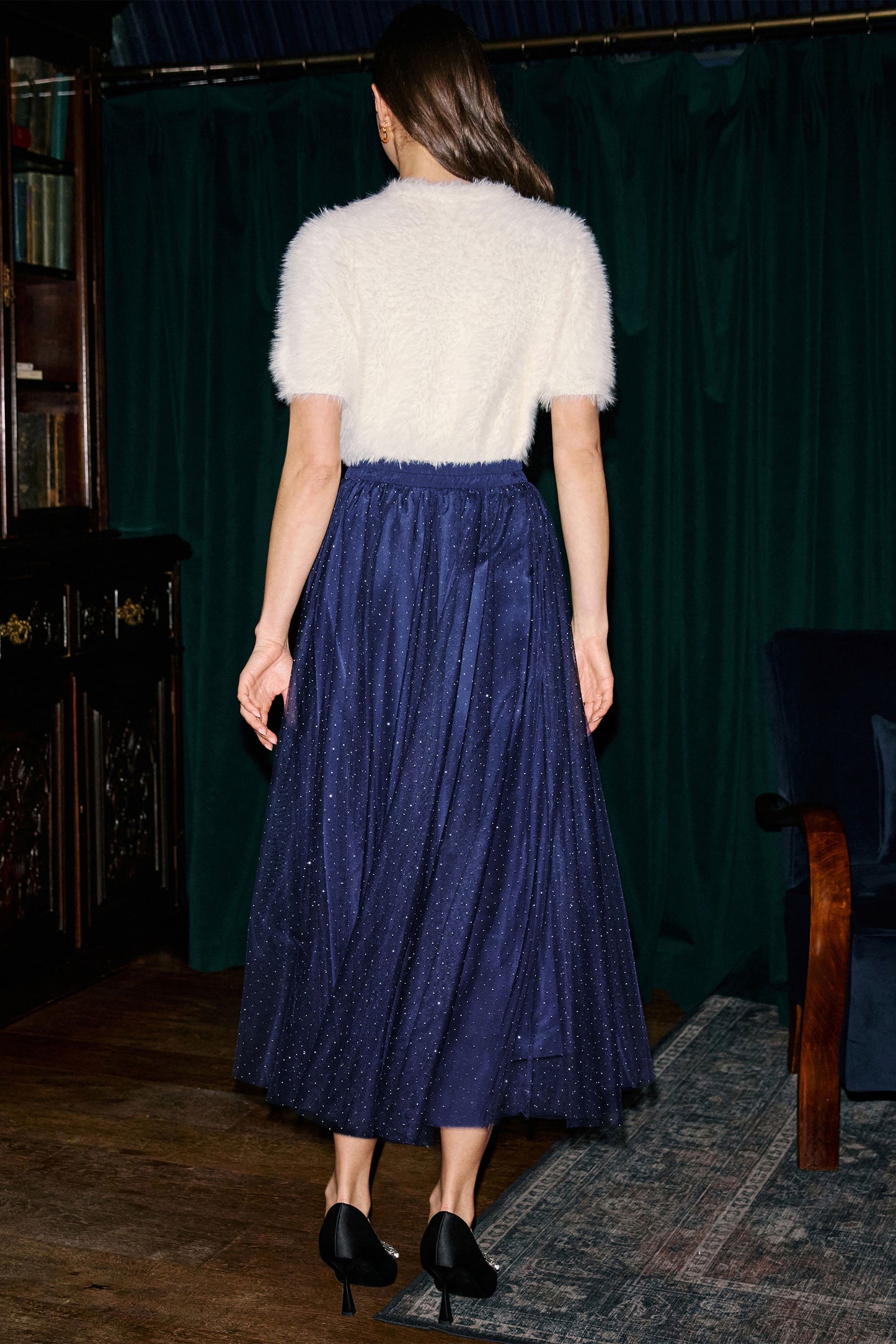 Yumi Navy Diamonte Tulle Midi Skirt SKIRT Yumi