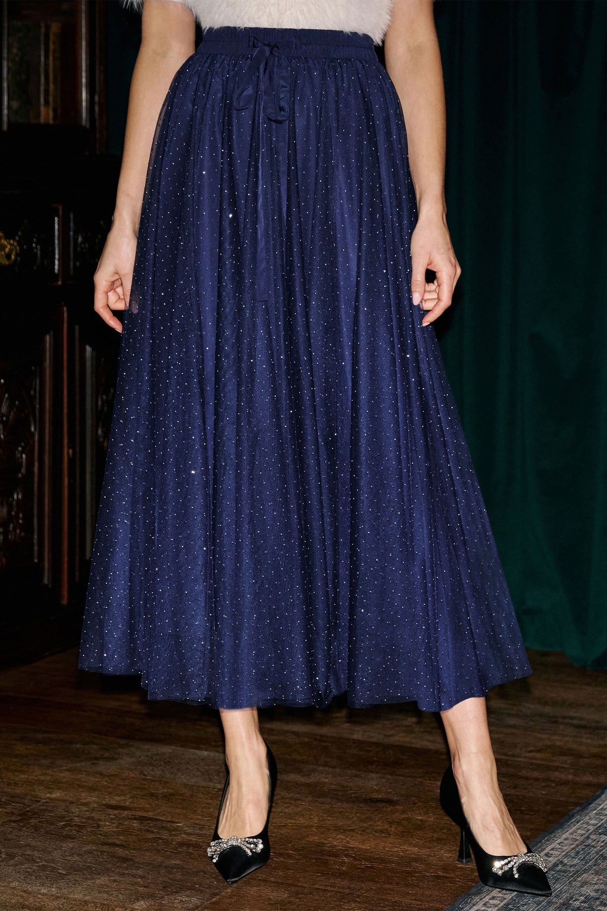 Yumi Navy Diamonte Tulle Midi Skirt SKIRT Yumi