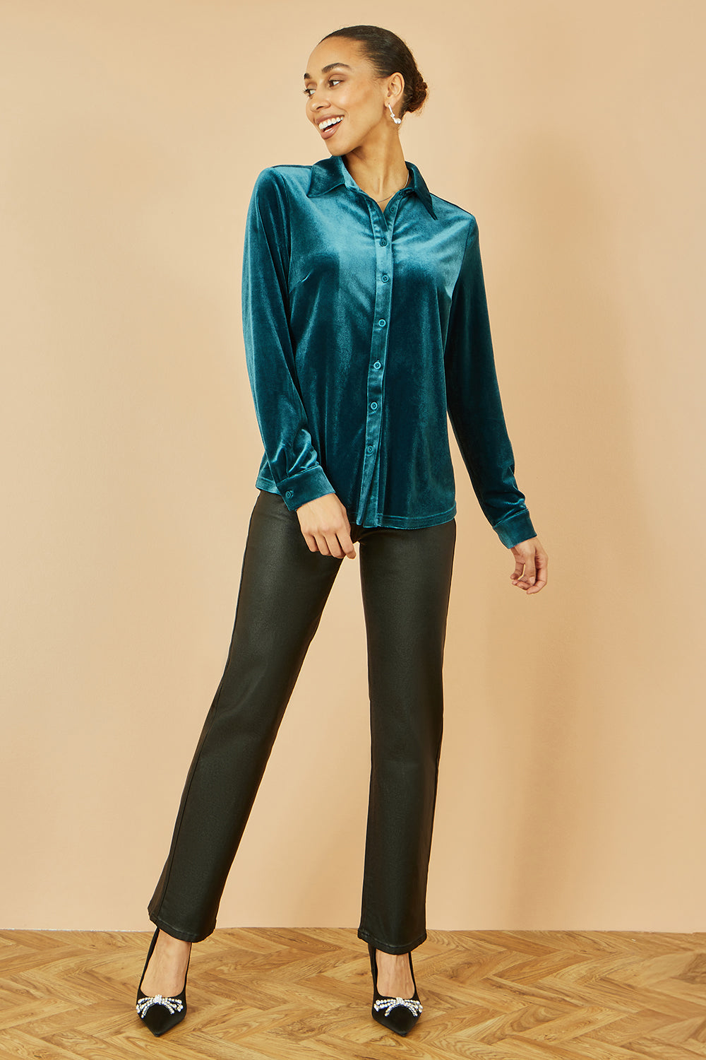 Yumi Teal Velvet Relaxed Fit Shirt Top Yumi