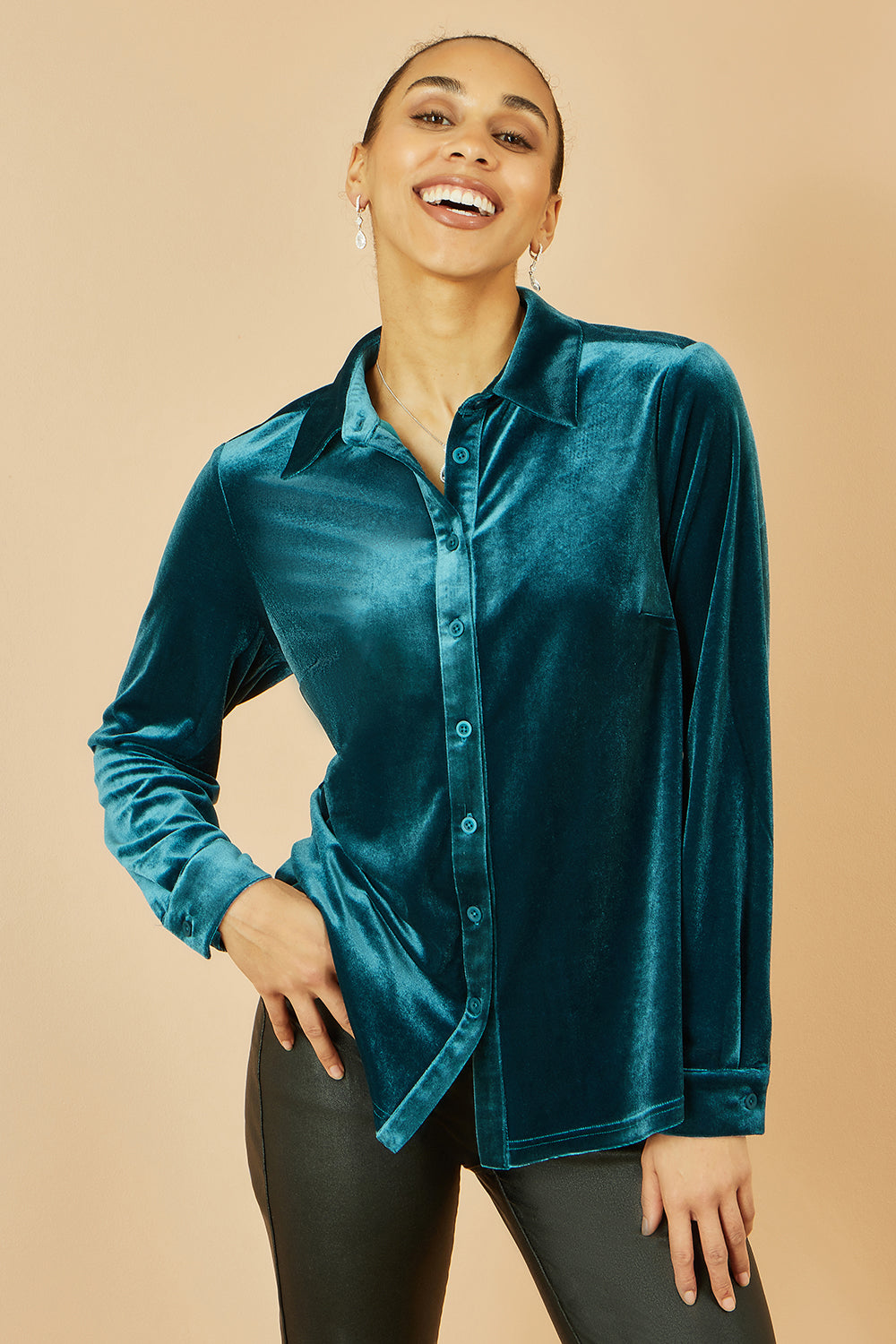 Yumi Teal Velvet Relaxed Fit Shirt Top Yumi