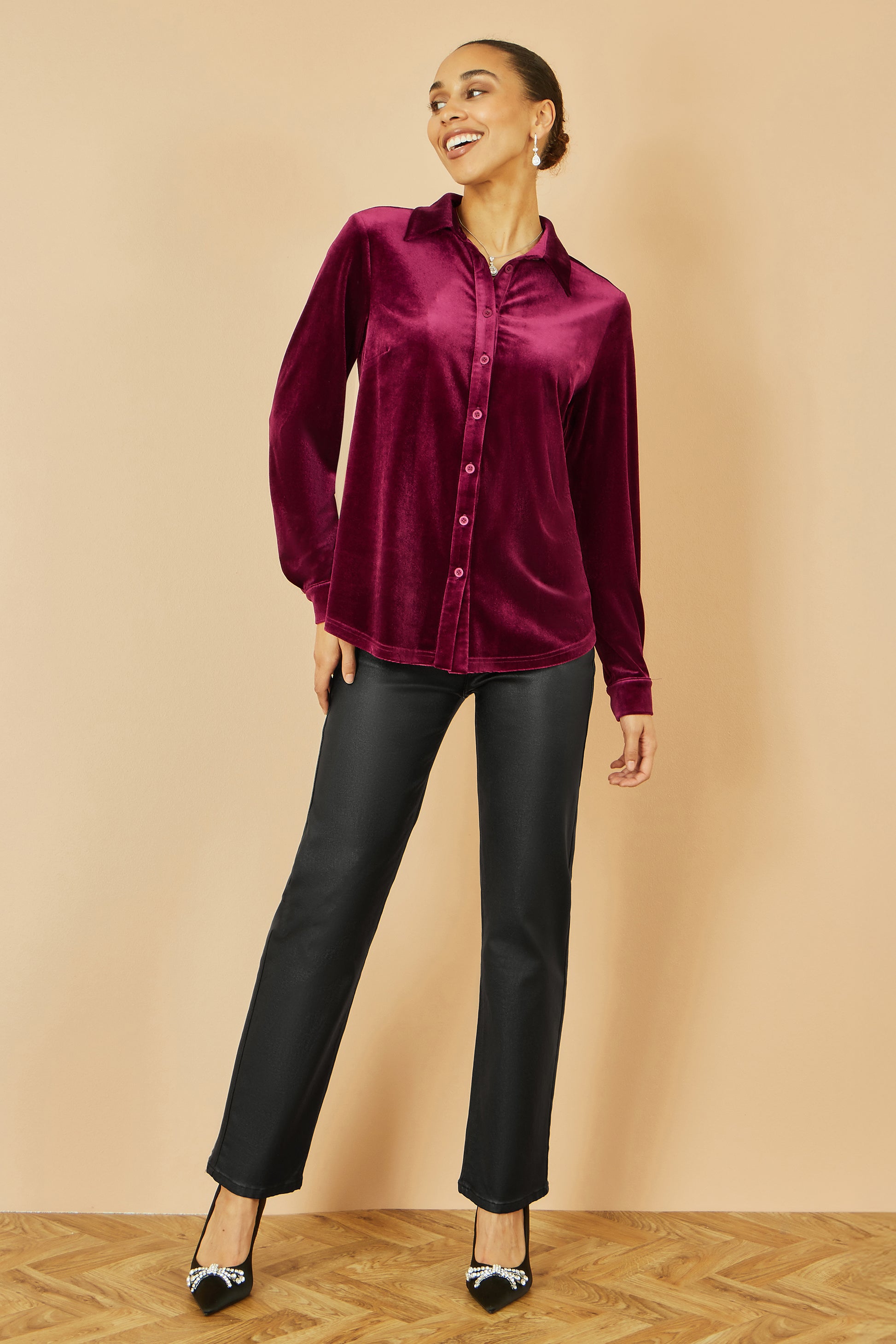 Yumi Burgundy Velvet Relaxed Fit Shirt Top Yumi