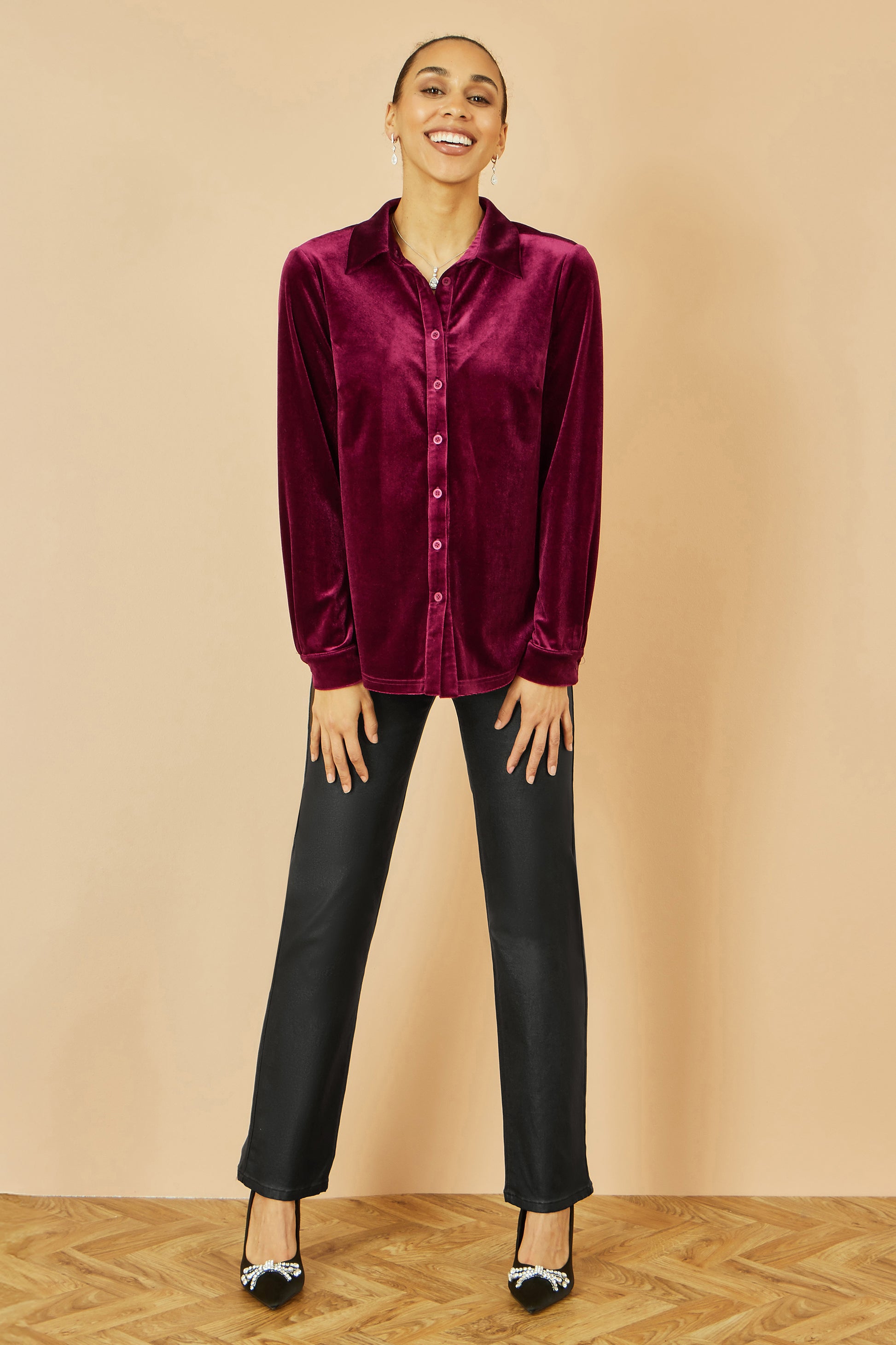 Yumi Burgundy Velvet Relaxed Fit Shirt Top Yumi