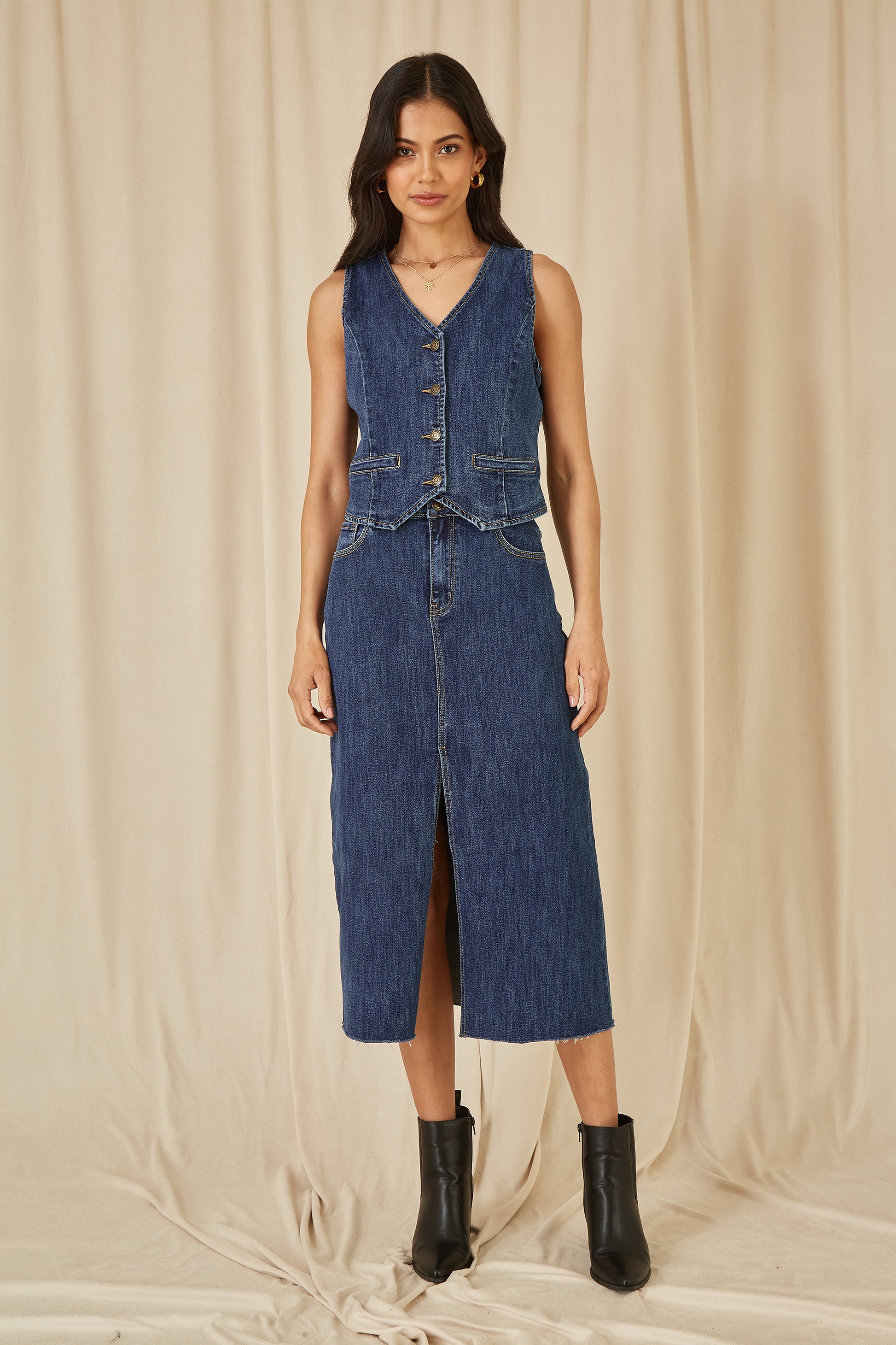 Yumi Blue Denim Stretch Waistcoat Yumi