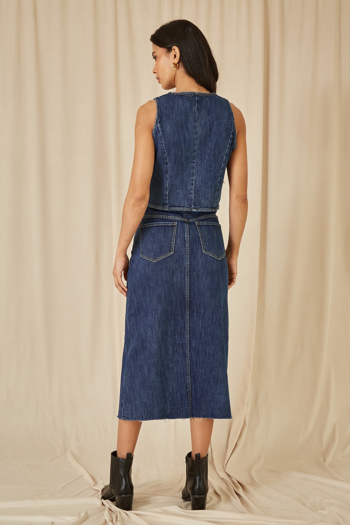 Yumi Blue Denim Stretch Fitted Midi Skirt With Front Split Yumi