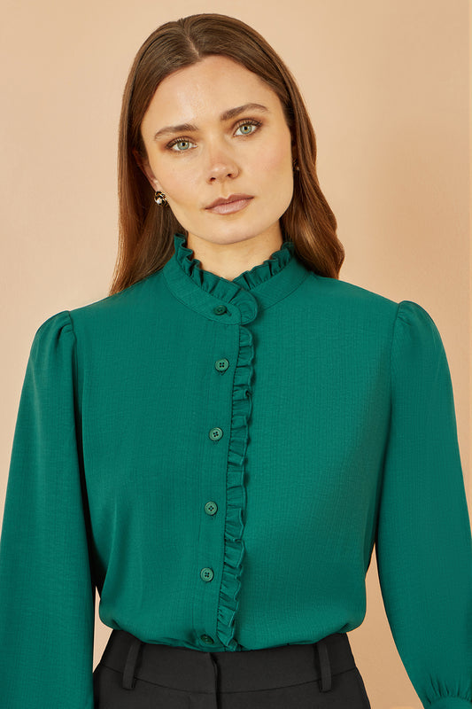 Yumi Green Frill High Neck Shirt SHIRT Yumi