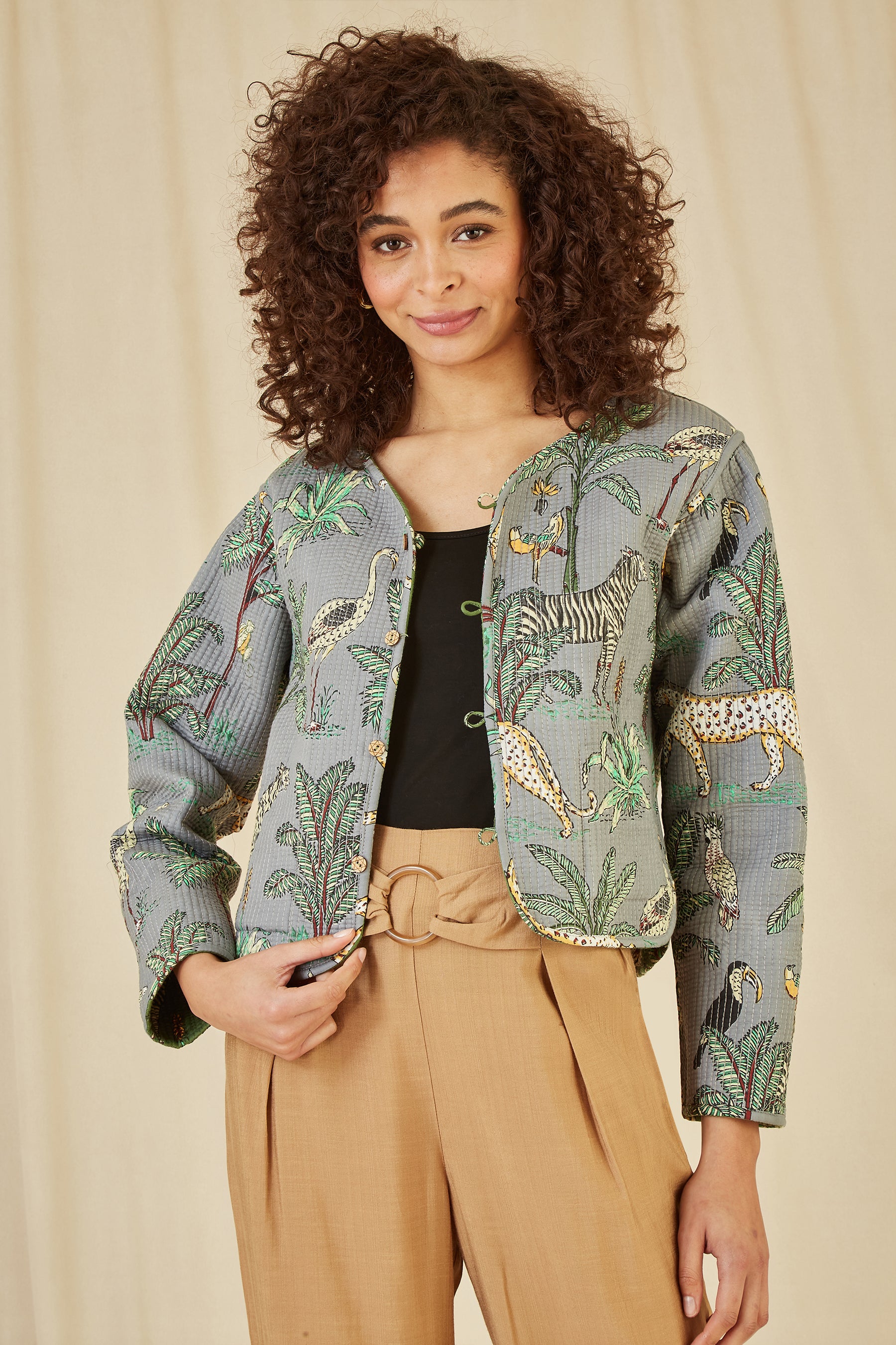 Yumi Green Animal Print Reversible Cotton Cropped Quilted Jacket Yumi