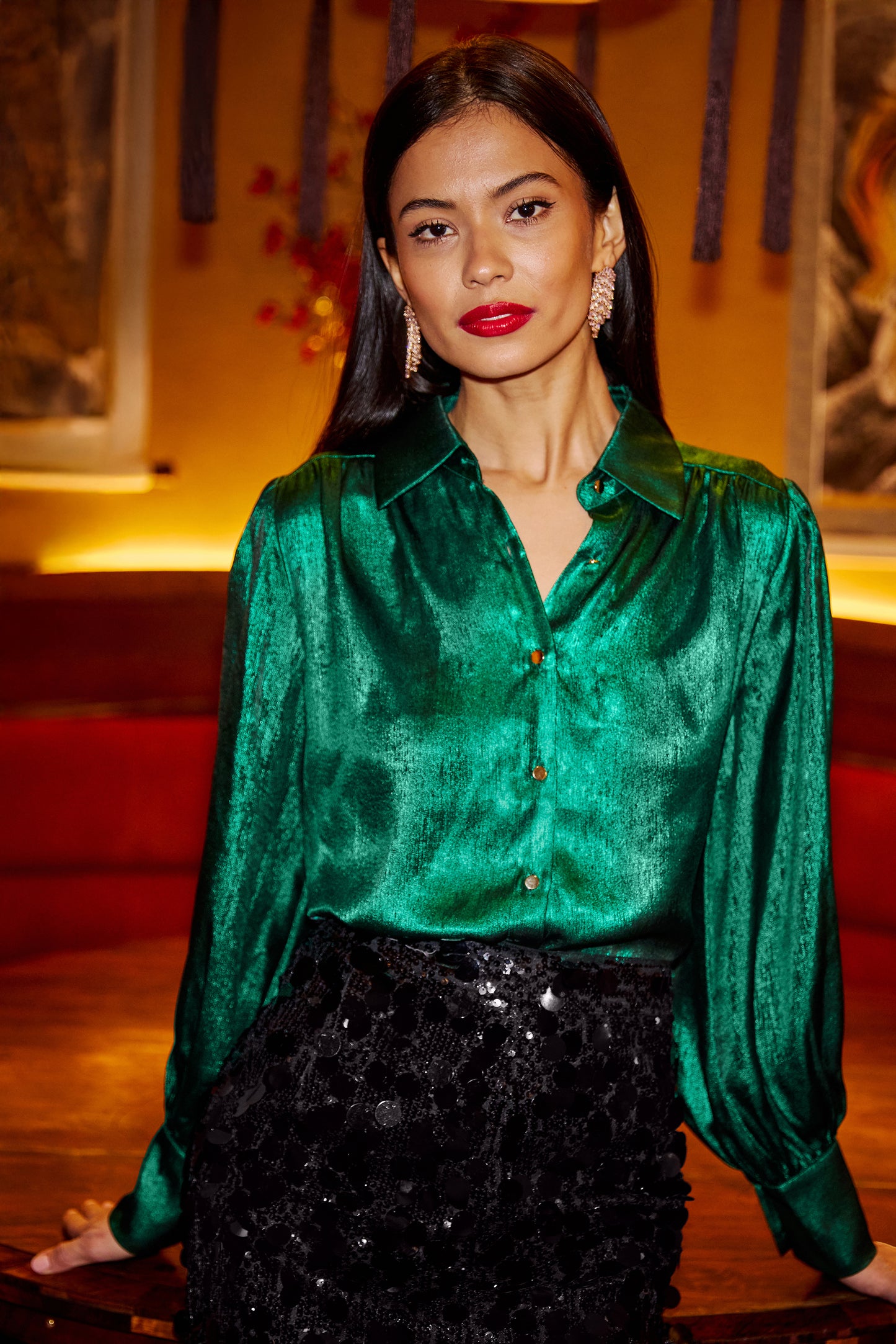 Yumi Green Metallic Relaxed Balloon Sleeve Shirt SHIRT Yumi