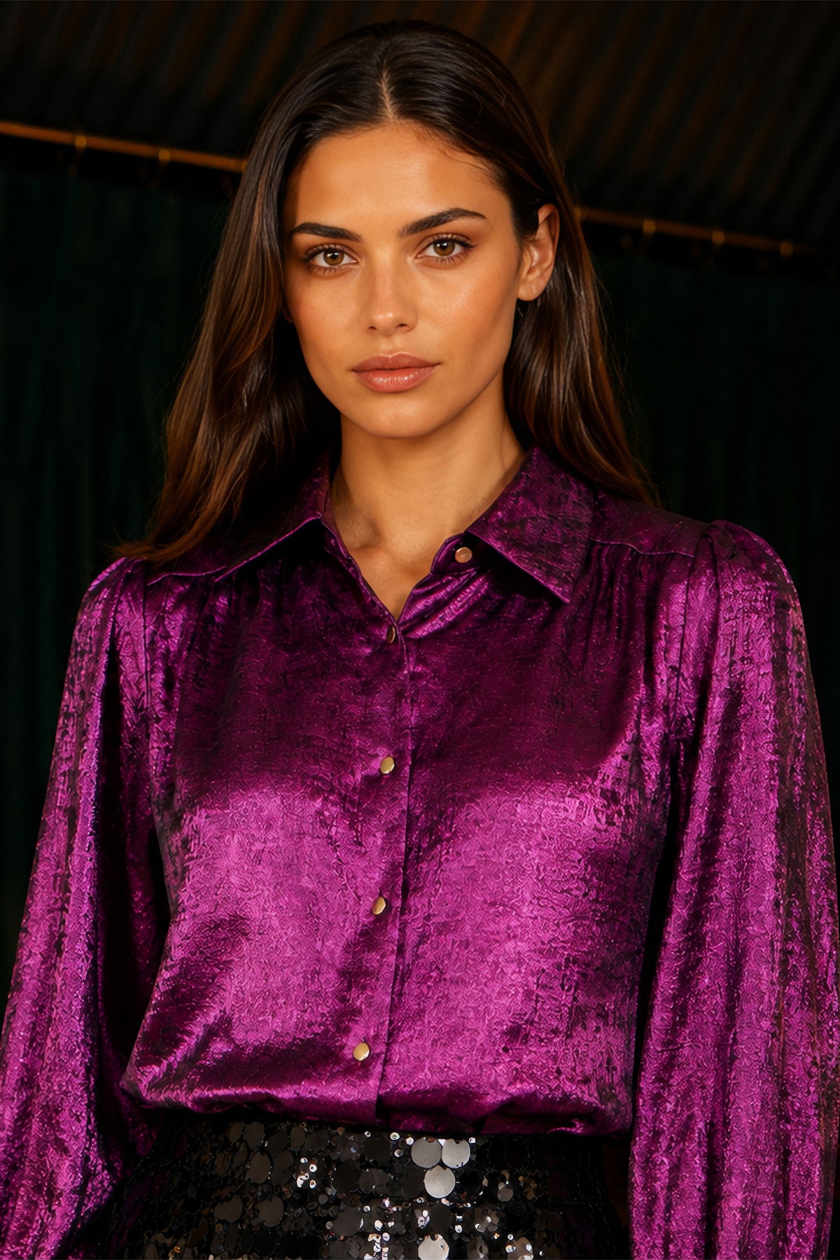 Yumi Pink Metallic Relaxed Balloon Sleeve Shirt Tops Yumi