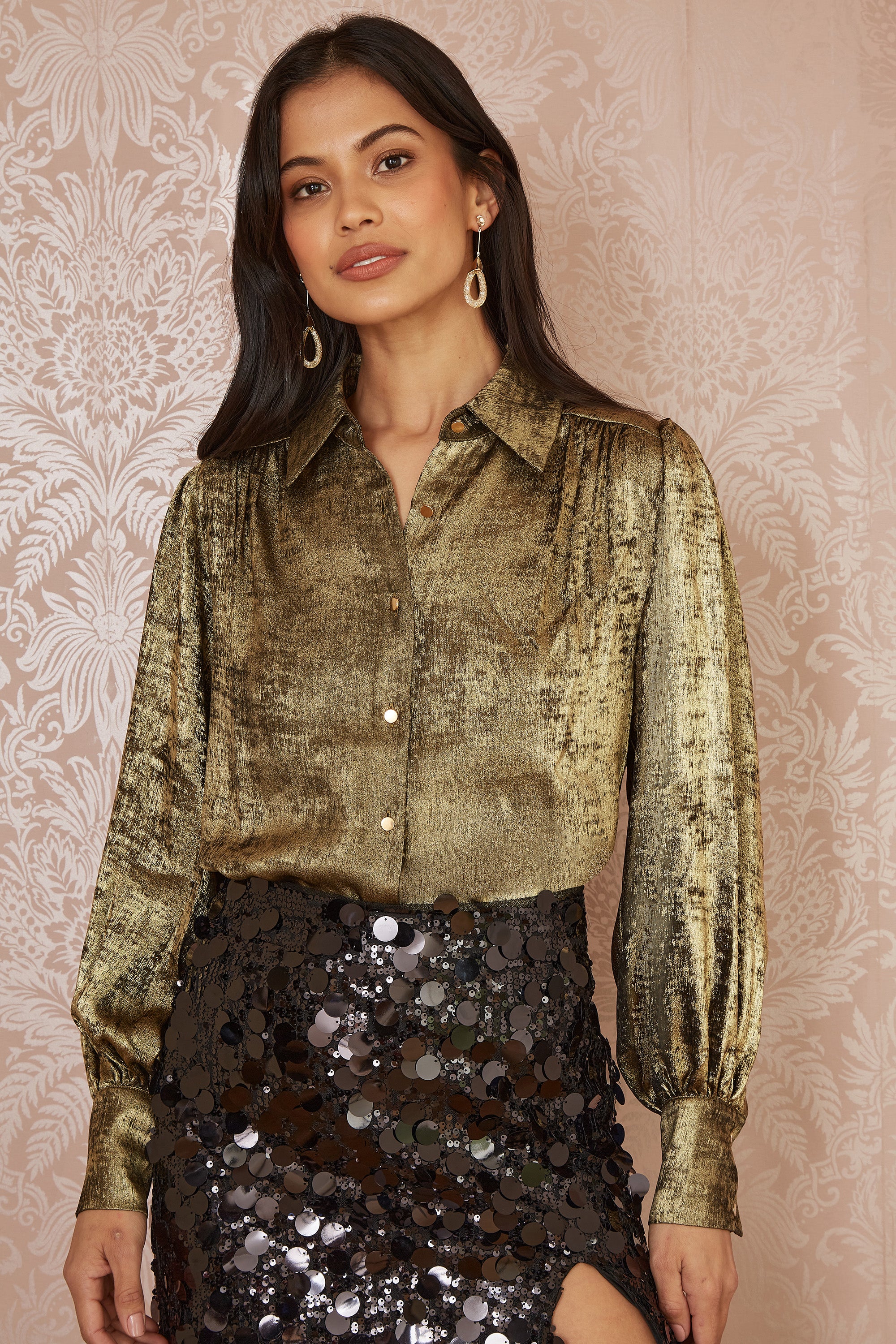 Metallic Relaxed Balloon Sleeve Shirt