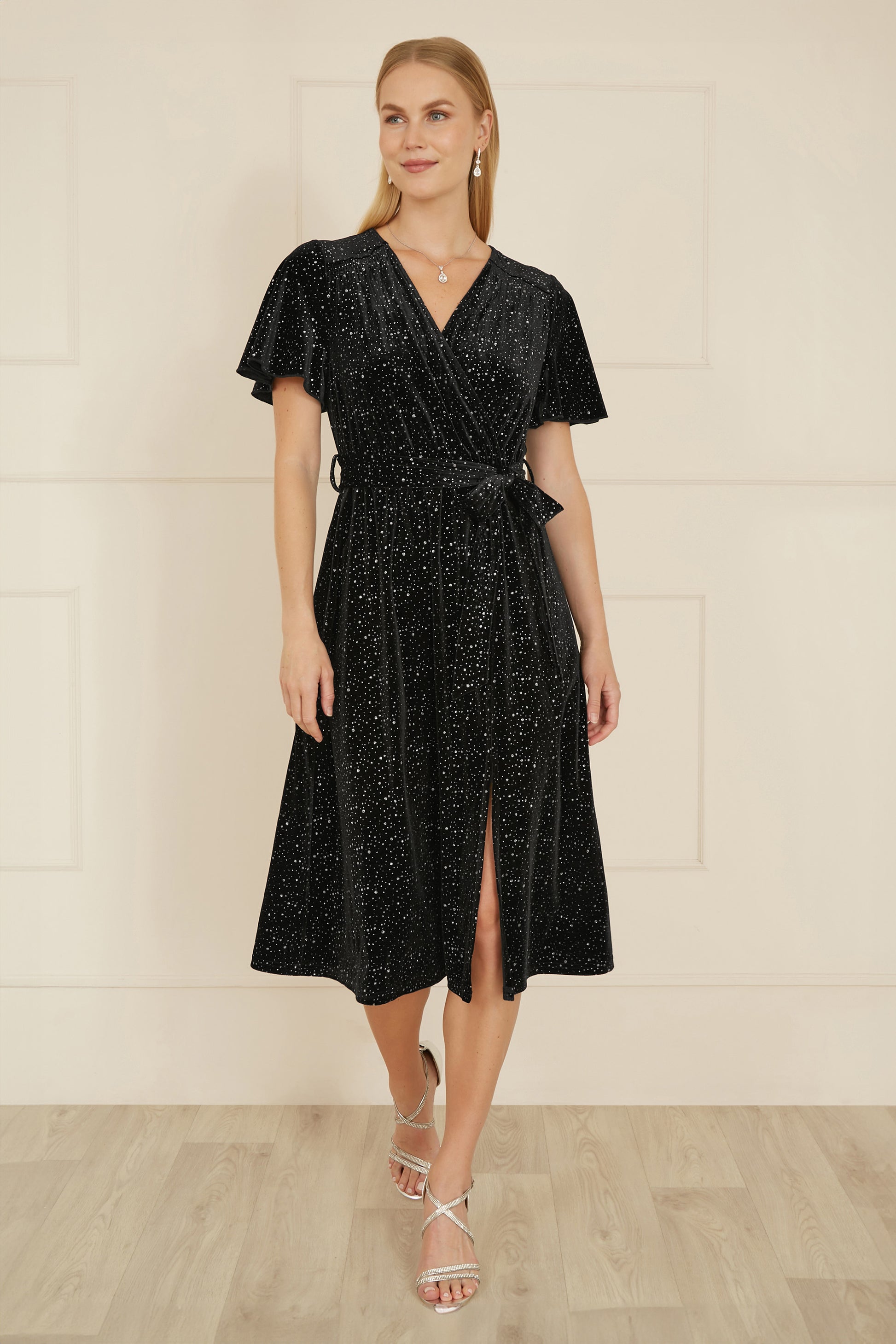 Yumi Black Velvet Sparkle Wrap Midi Dress Yumi