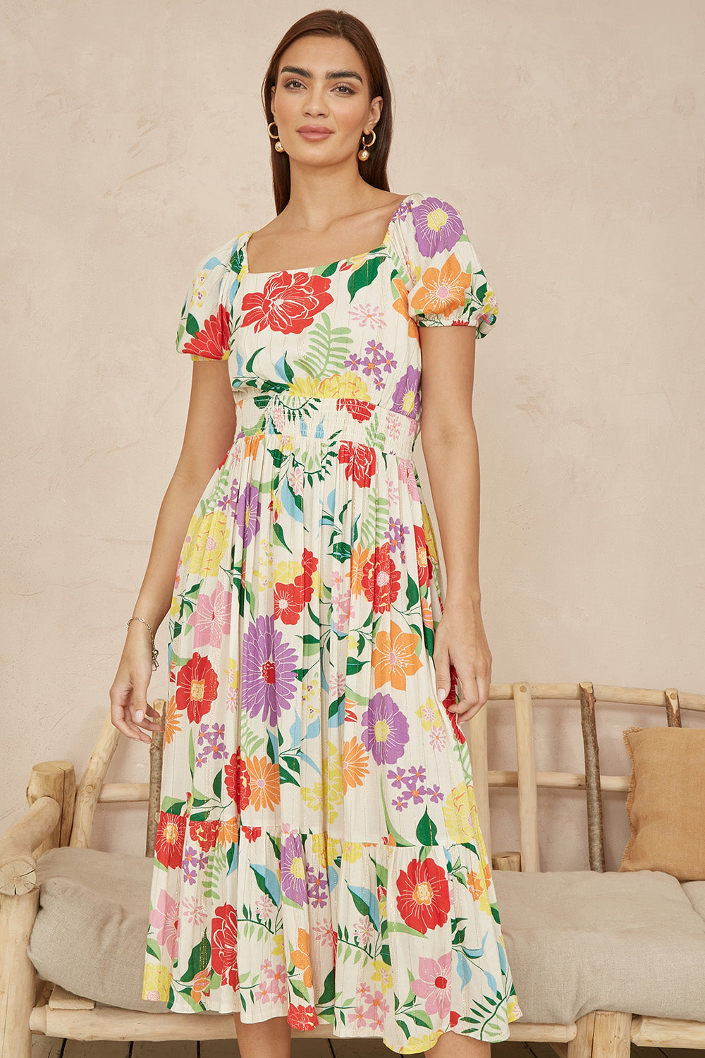 Yumi White Big Floral Midi Dress DRES Day Yumi