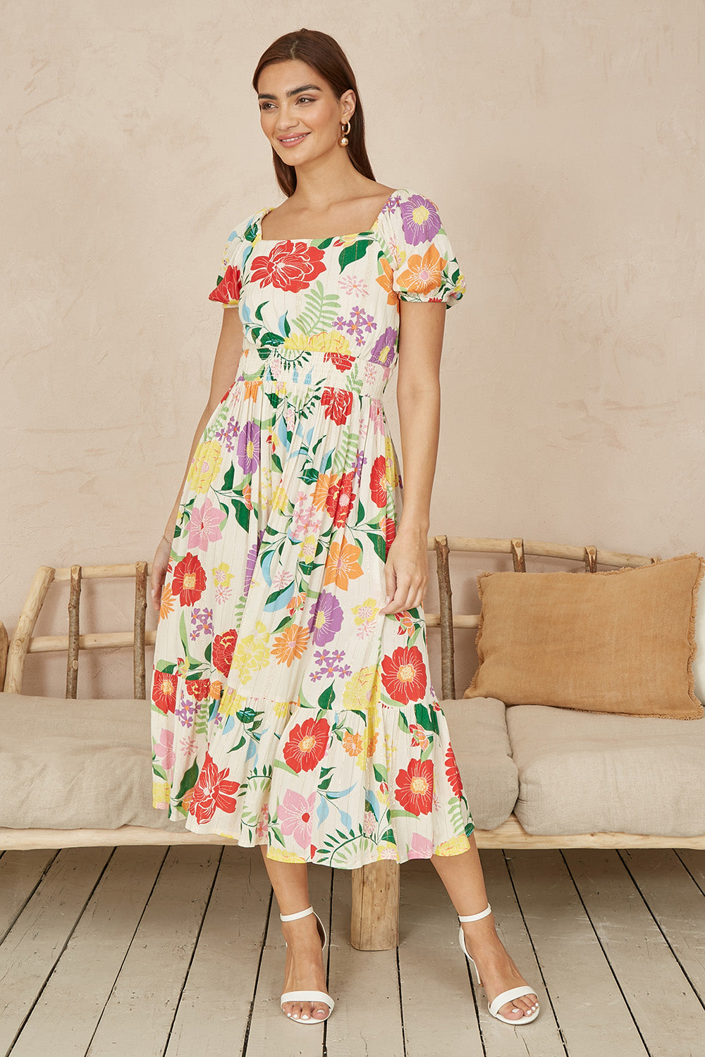 Yumi White Big Floral Midi Dress DRES Day Yumi